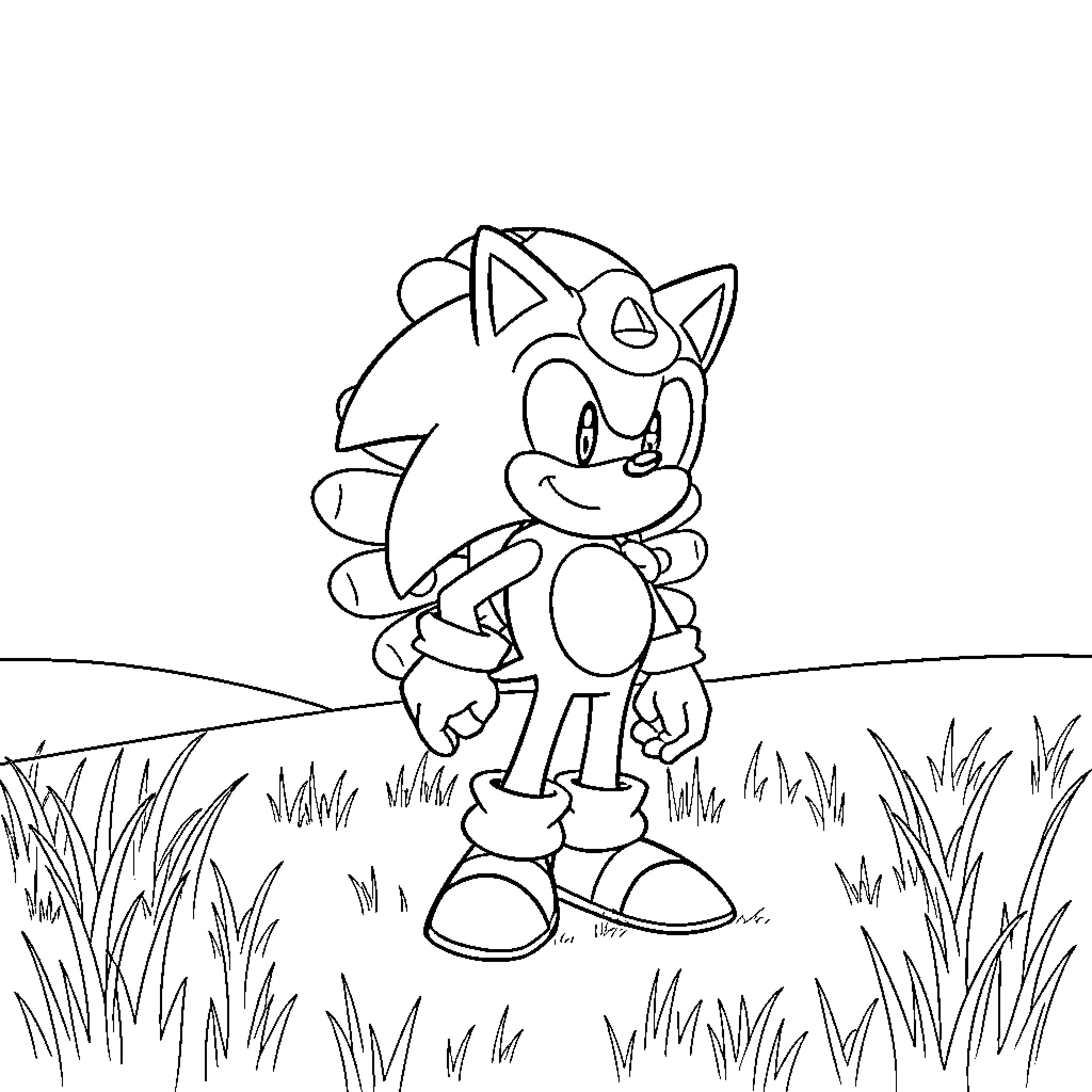 Sonic running cheerfully through a grassy field Coloring Page (free black-and-white line drawing printable PDF for all, from beginners to advanced learners, including children, teens, adults, and seniors)