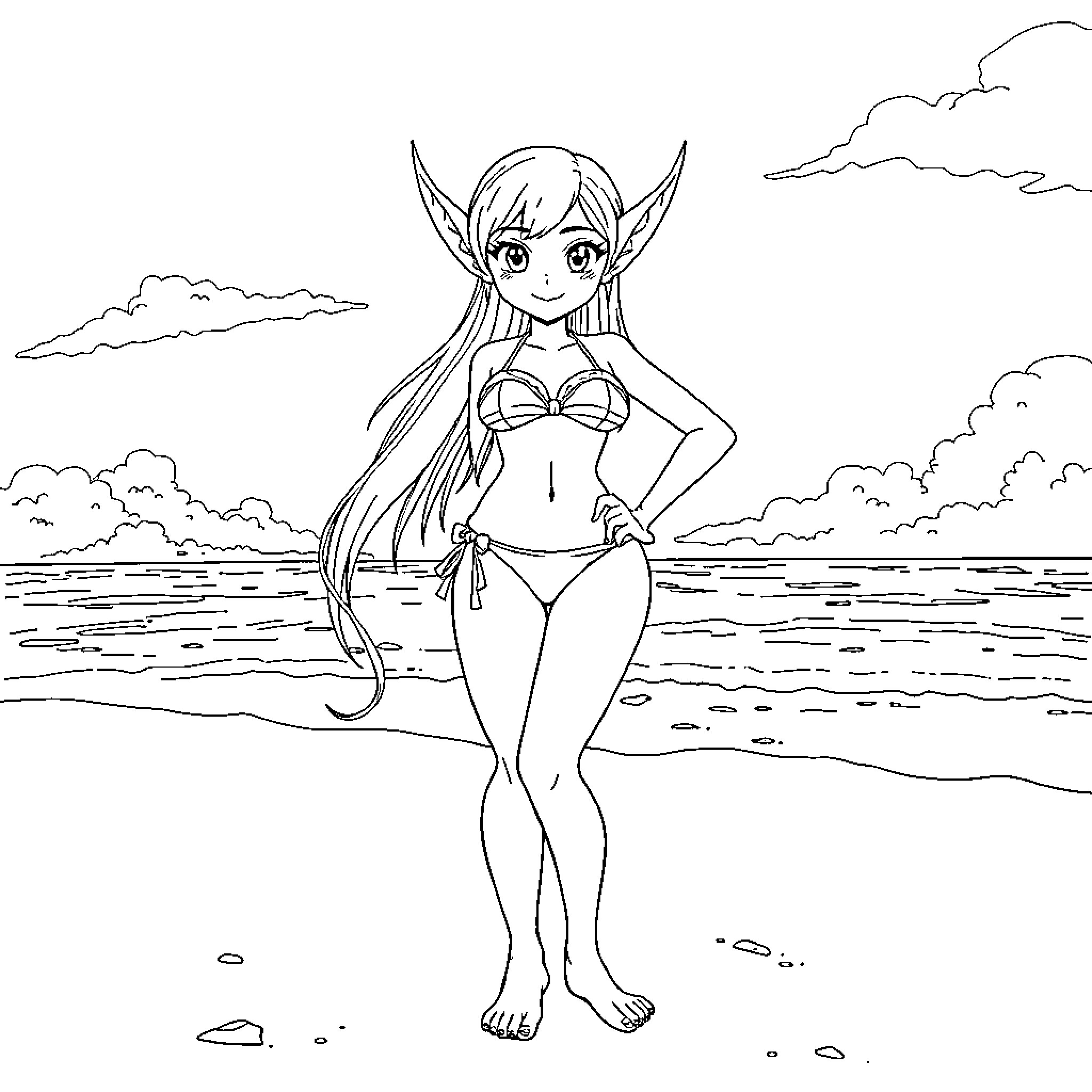 Elf in Beachwear Enjoying the Seaside Coloring Page (free black-and-white line drawing printable PDF for all, from beginners to advanced learners, including children, teens, adults, and seniors)