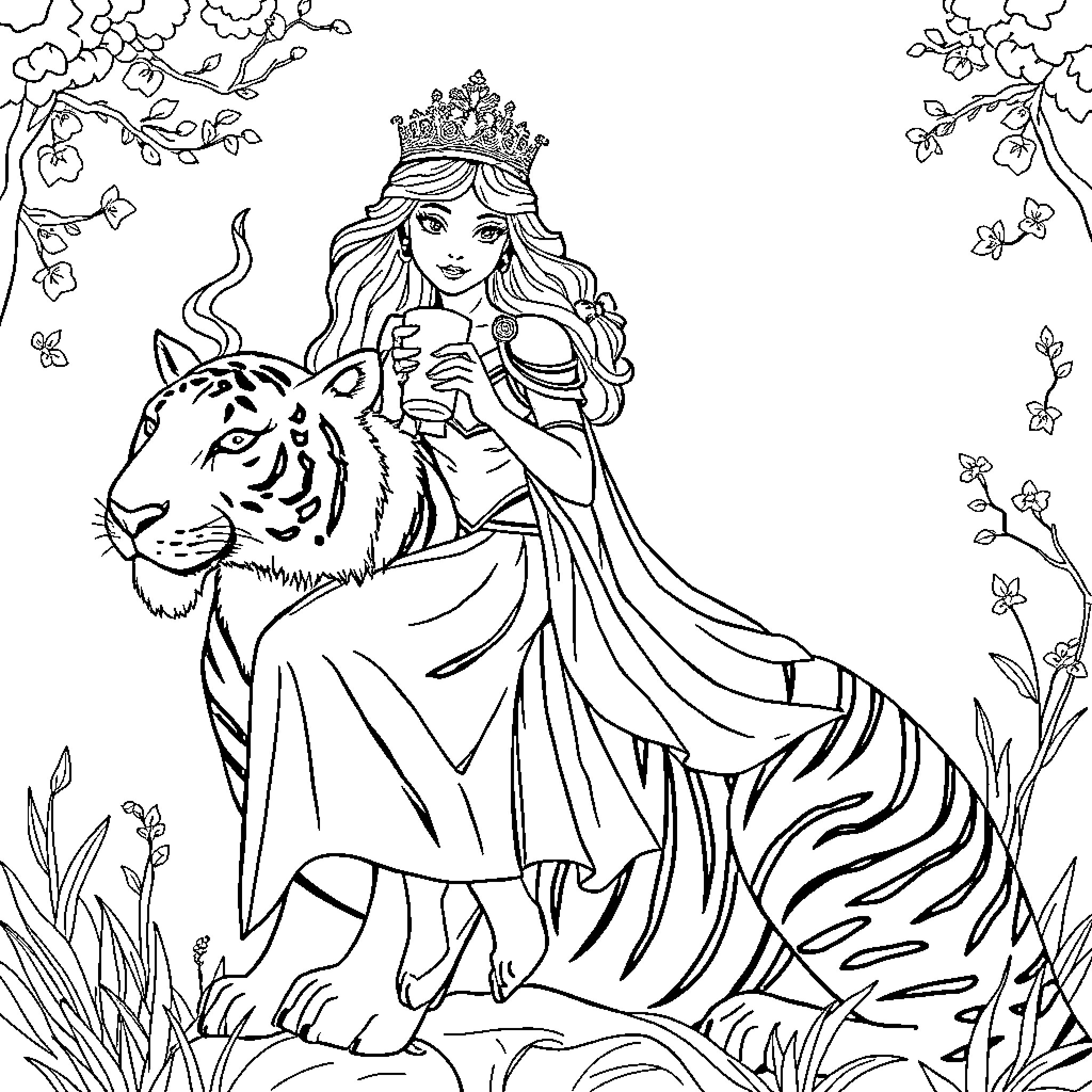 Princess riding gracefully on majestic tiger Coloring Page (free black-and-white line drawing printable PDF for all, from beginners to advanced learners, including children, teens, adults, and seniors)