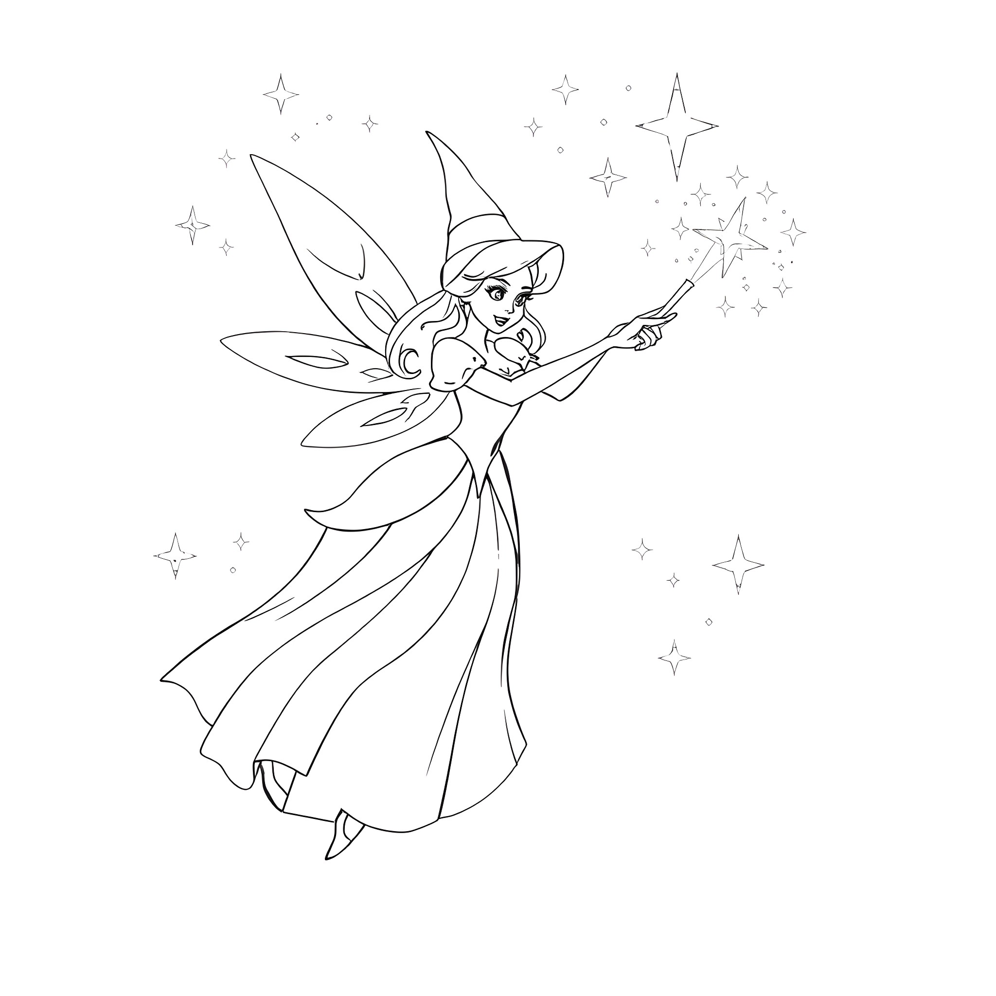 Fairy Godmother casting magical spells Coloring Page (free black-and-white line drawing printable PDF for all, from beginners to advanced learners, including children, teens, adults, and seniors)