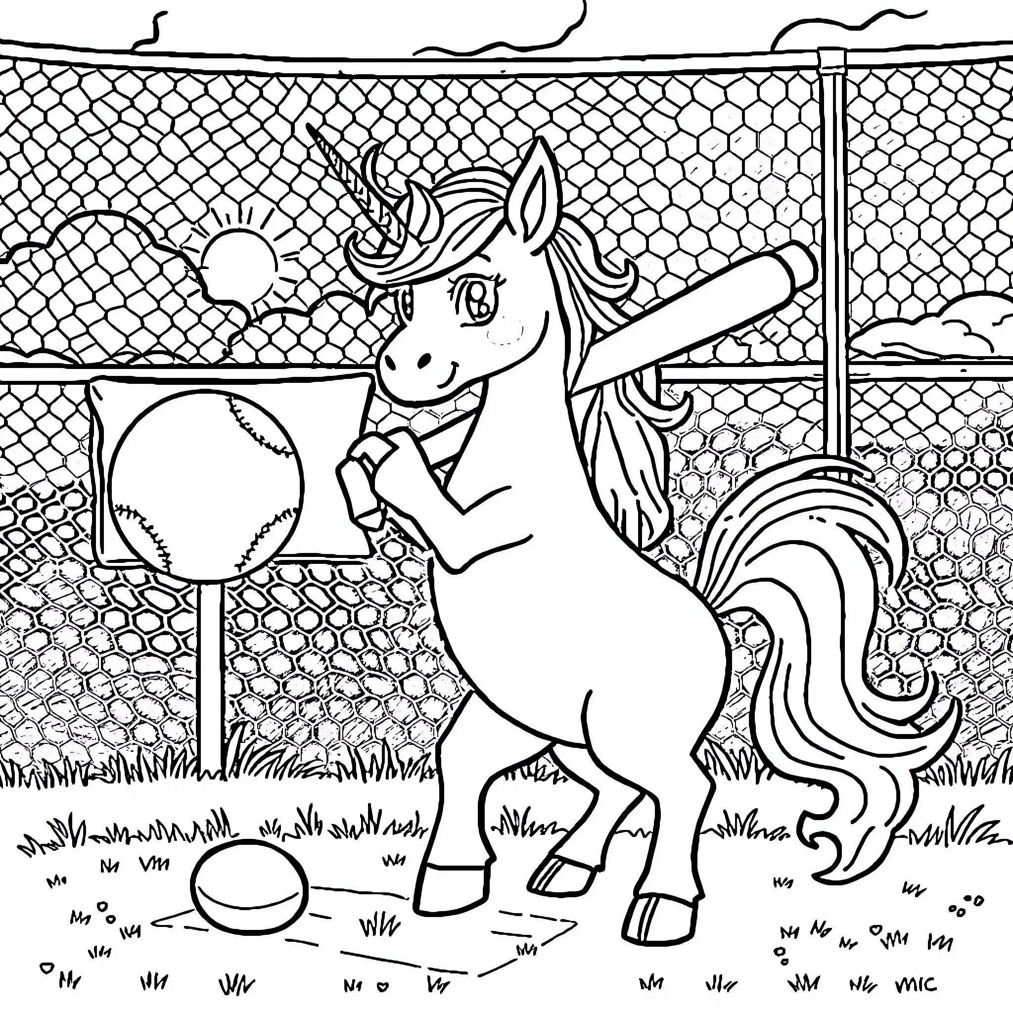 Unicorn playing with beach ball in fenced yard Coloring Page (free black-and-white line drawing printable PDF for all, from beginners to advanced learners, including children, teens, adults, and seniors)