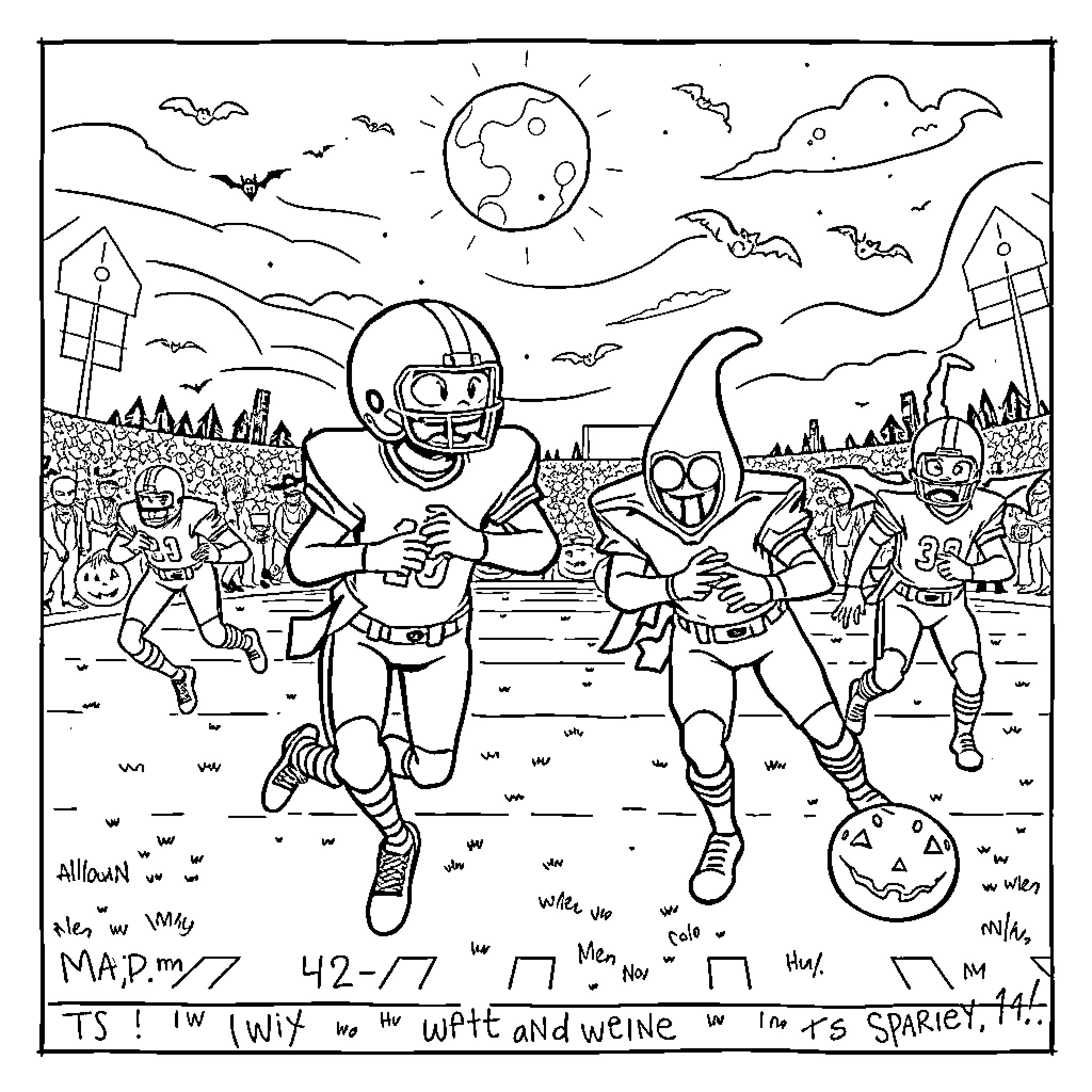 Football game with players in costume on Halloween night Coloring Page (free black-and-white line drawing printable PDF for all, from beginners to advanced learners, including children, teens, adults, and seniors)