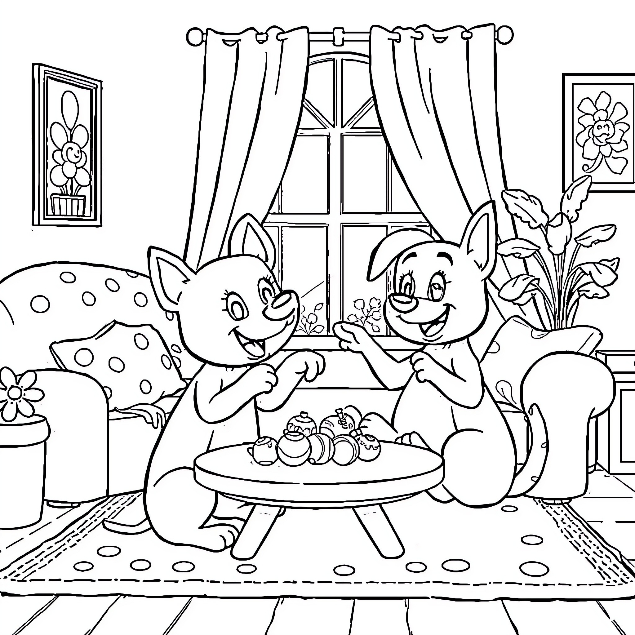 Bluey siblings playing together in the living room Coloring Page (free black-and-white line drawing printable PDF for all, from beginners to advanced learners, including children, teens, adults, and seniors)