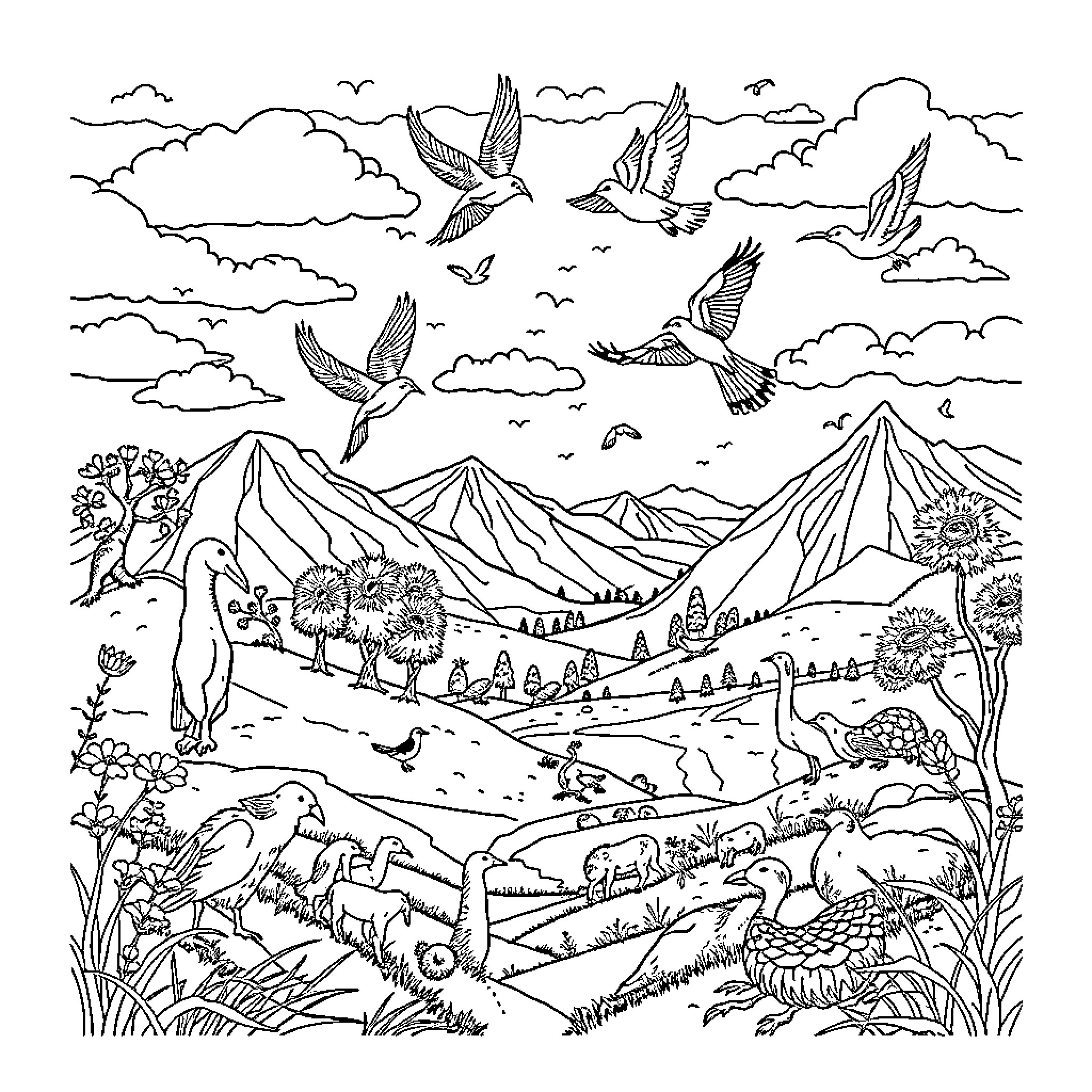 Landscape with flying birds in the sky and wildlife in the forest Coloring Page (free black-and-white line drawing printable PDF for all, from beginners to advanced learners, including children, teens, adults, and seniors)