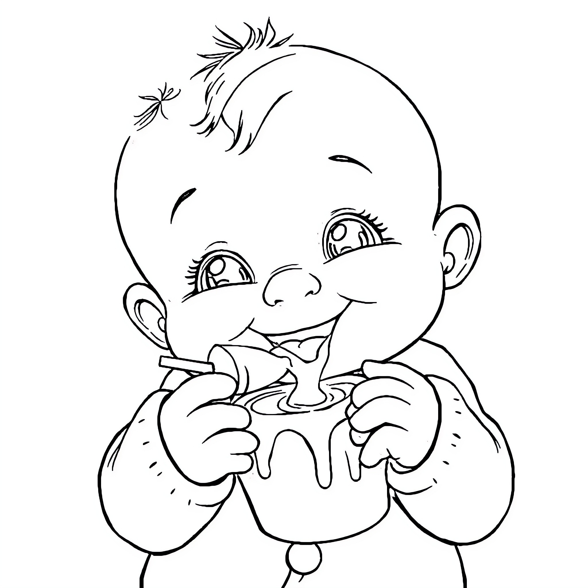 Baby enjoying a cupcake with delight Coloring Page (free black-and-white line drawing printable PDF for all, from beginners to advanced learners, including children, teens, adults, and seniors)