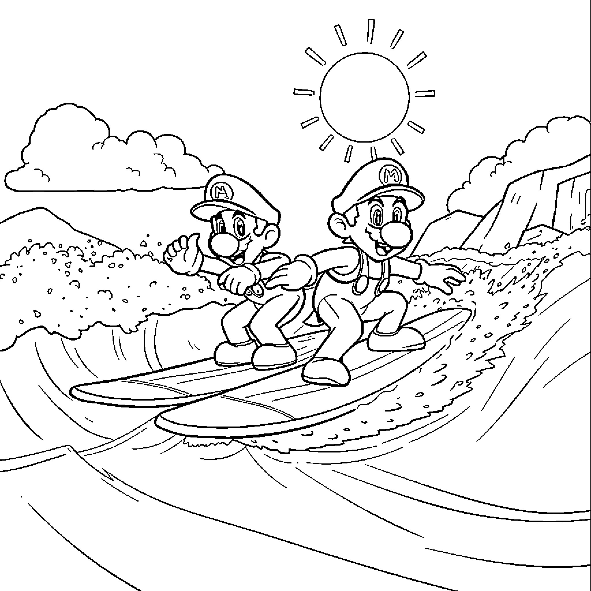 Mario characters surfing on a sunny day Coloring Page (free black-and-white line drawing printable PDF for all, from beginners to advanced learners, including children, teens, adults, and seniors)