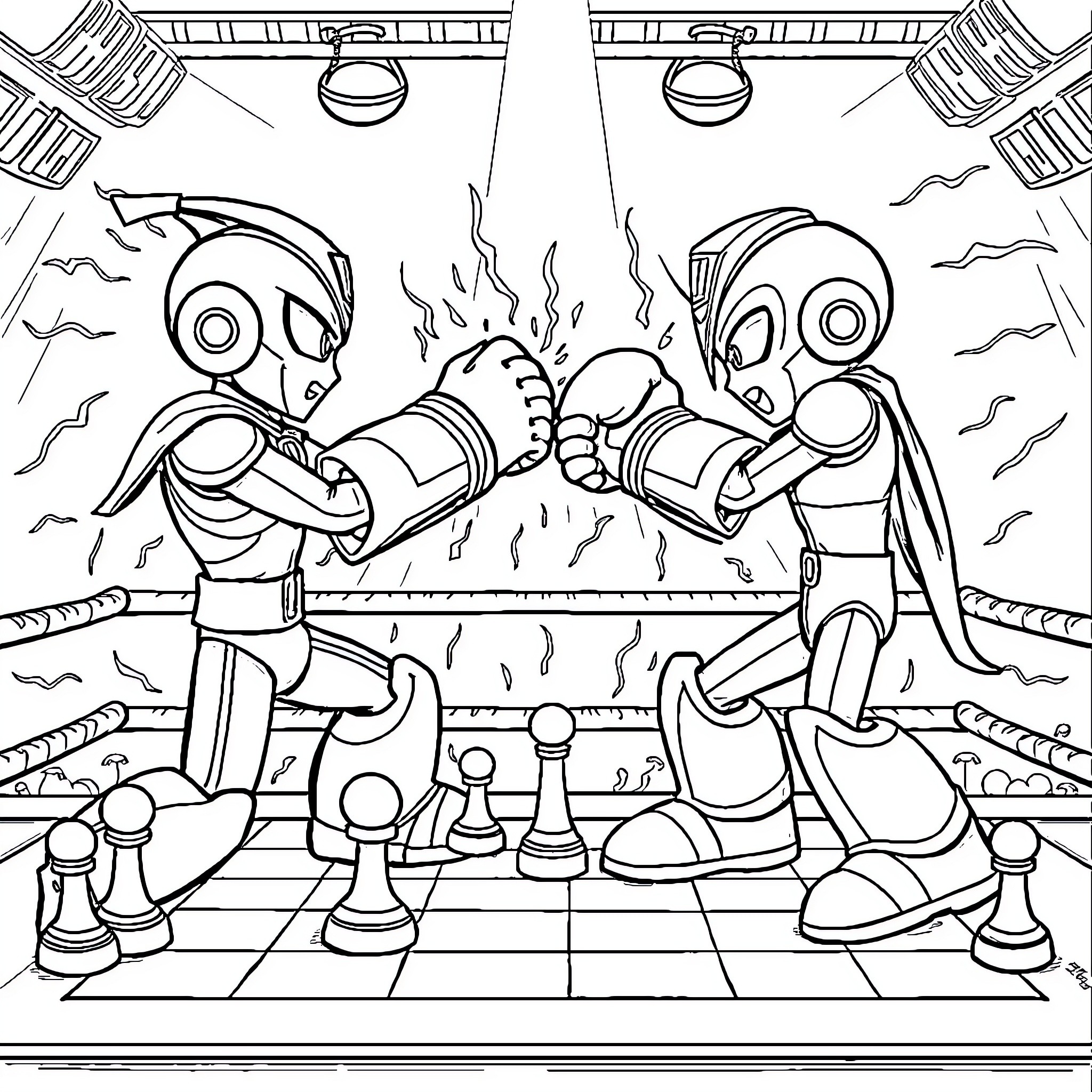 Character battle between two futuristic robots Coloring Page (free black-and-white line drawing printable PDF for all, from beginners to advanced learners, including children, teens, adults, and seniors)