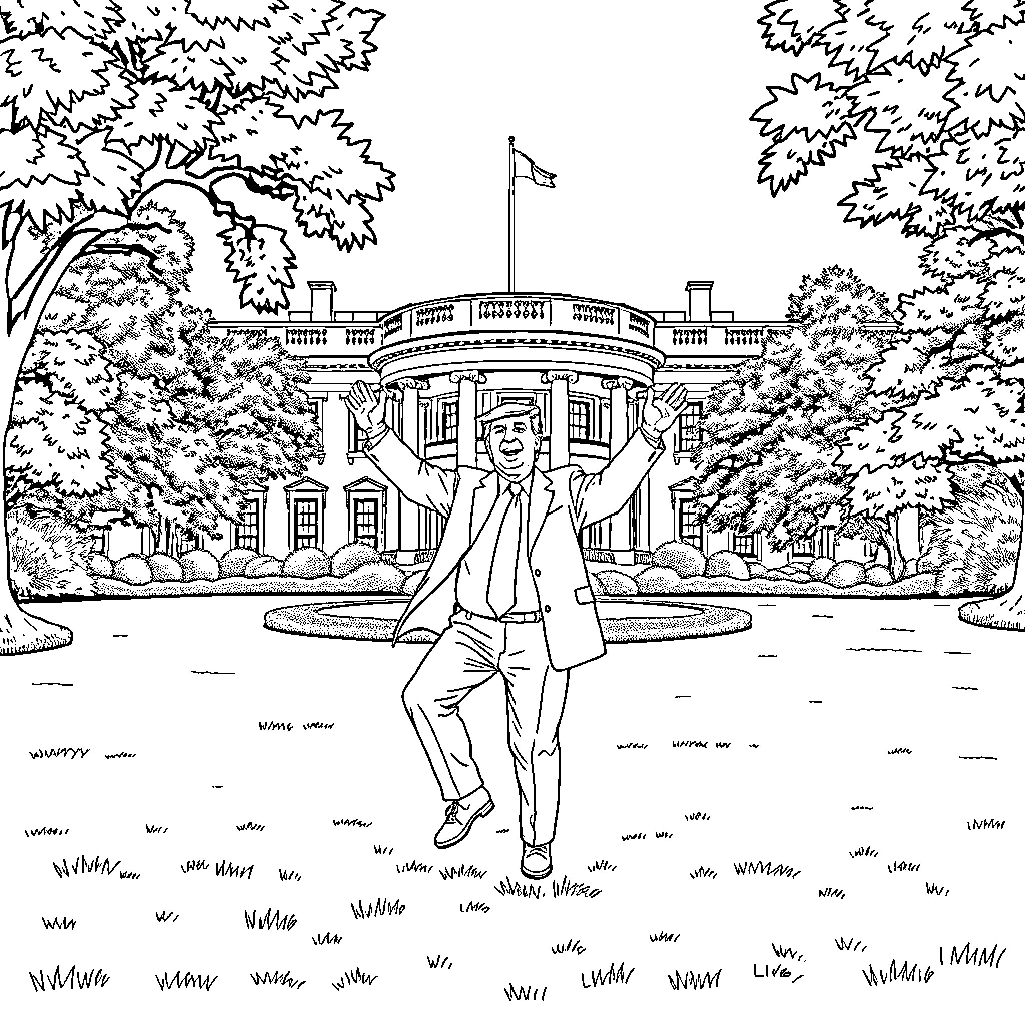 Trump walks confidently on White House lawn Coloring Page (free black-and-white line drawing printable PDF for all, from beginners to advanced learners, including children, teens, adults, and seniors)