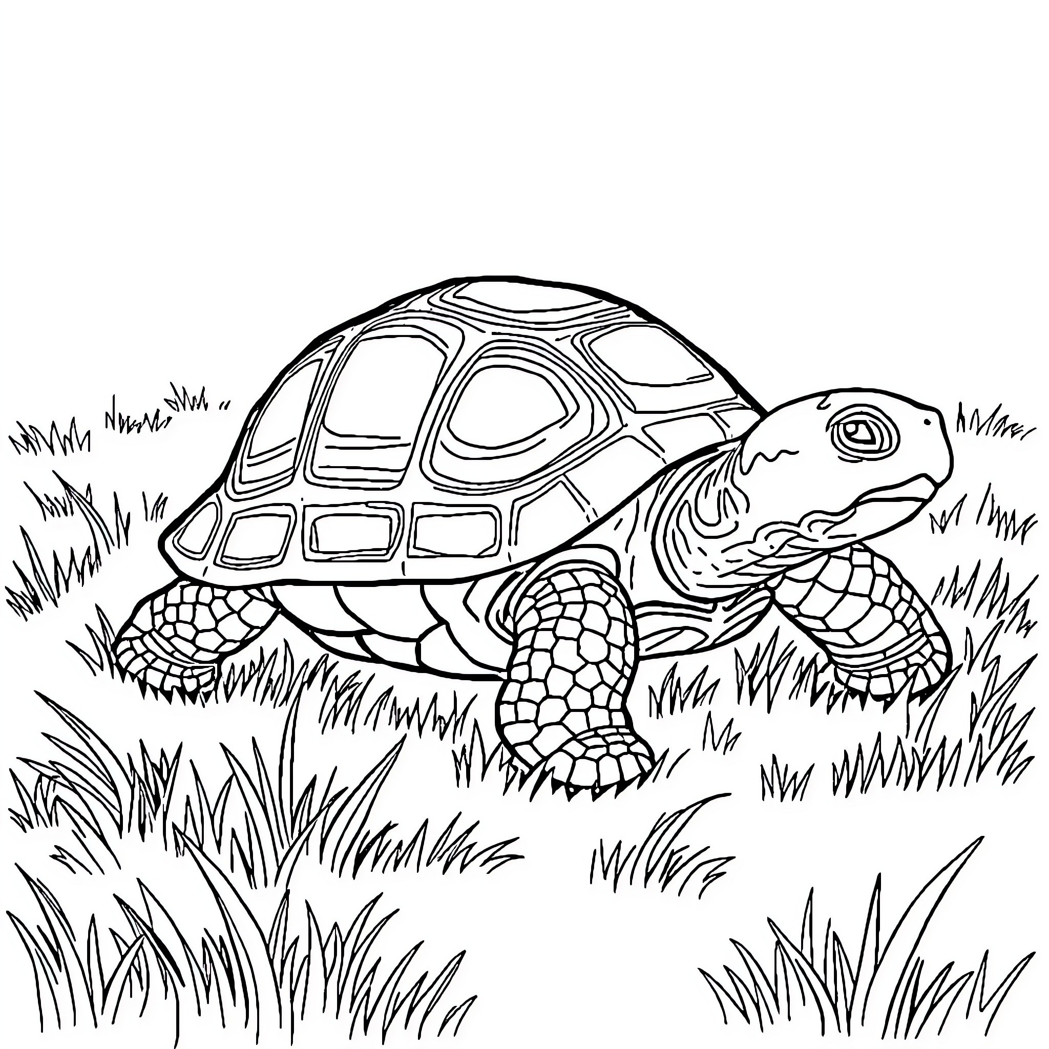 Turtle exploring the grassy outdoors Coloring Page (free black-and-white line drawing printable PDF for all, from beginners to advanced learners, including children, teens, adults, and seniors)
