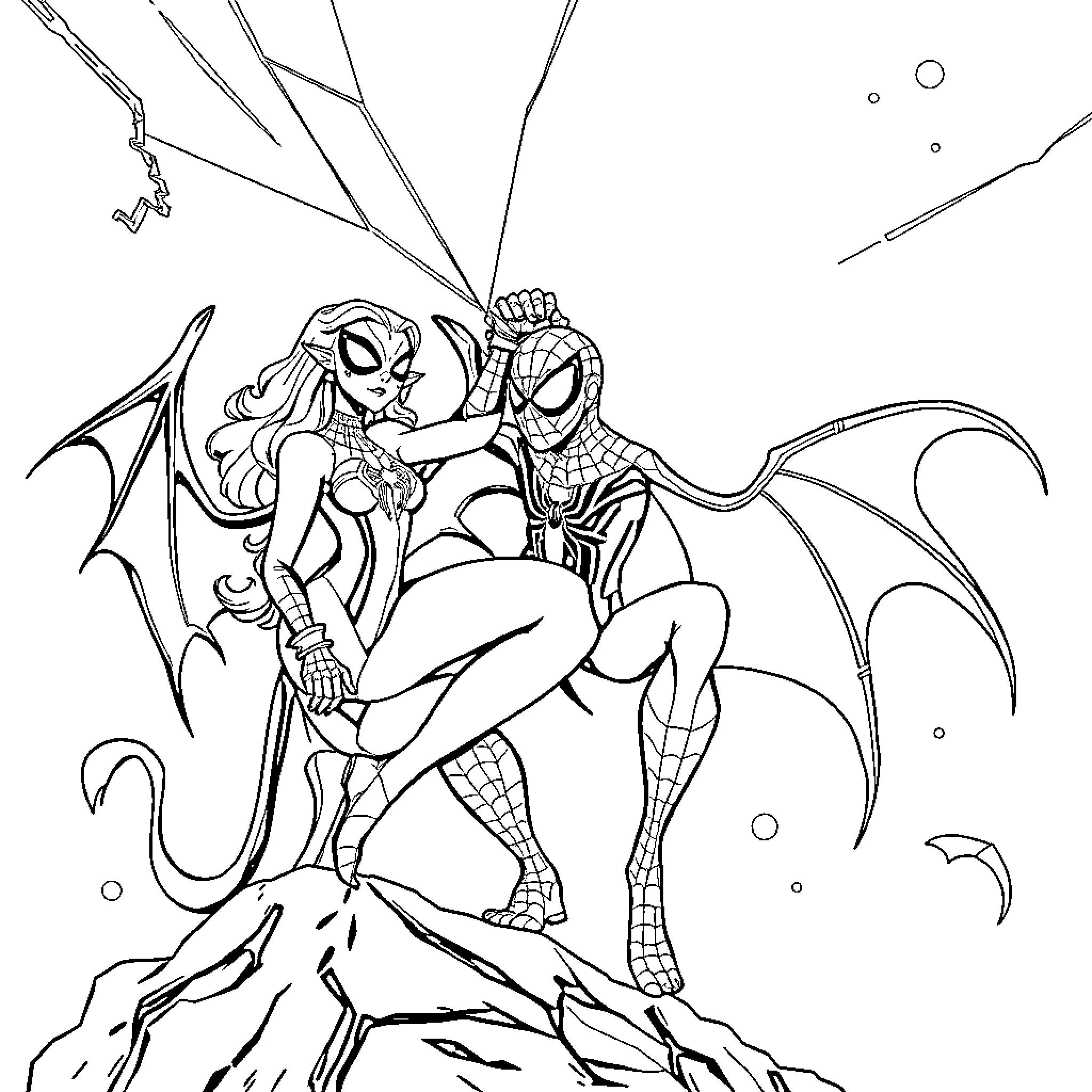 Beauty And The Beast: Superheroes in Dramatic Embrace Coloring Page (free black-and-white line drawing printable PDF for all, from beginners to advanced learners, including children, teens, adults, and seniors)
