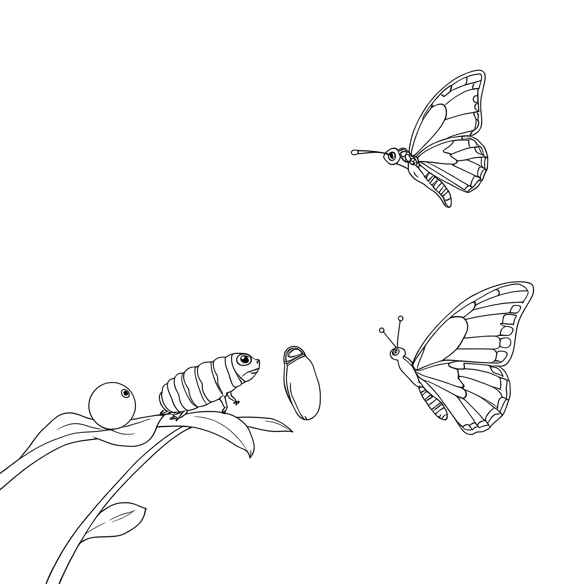 Butterflies in flight and at rest Coloring Page (free black-and-white line drawing printable PDF for all, from beginners to advanced learners, including children, teens, adults, and seniors)