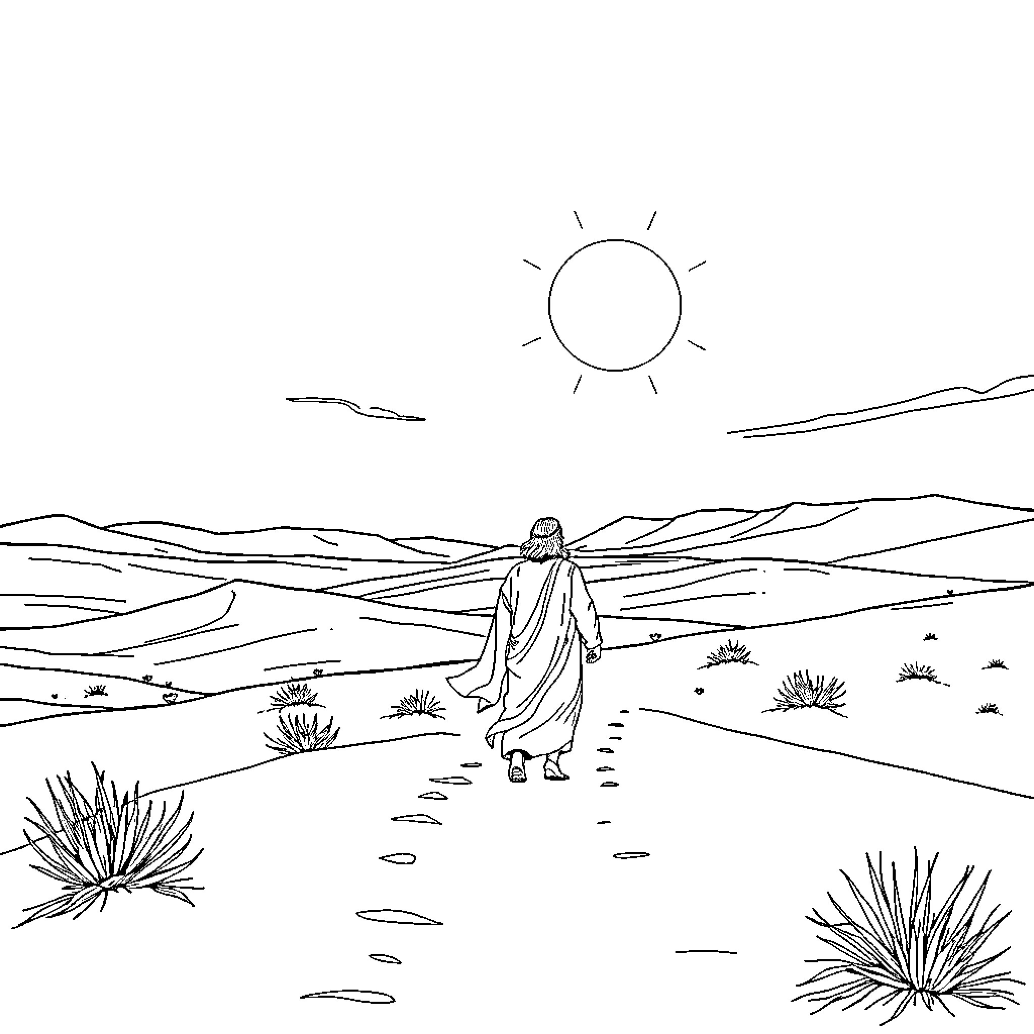 Jesus walking through the desert landscape Coloring Page (free black-and-white line drawing printable PDF for all, from beginners to advanced learners, including children, teens, adults, and seniors)