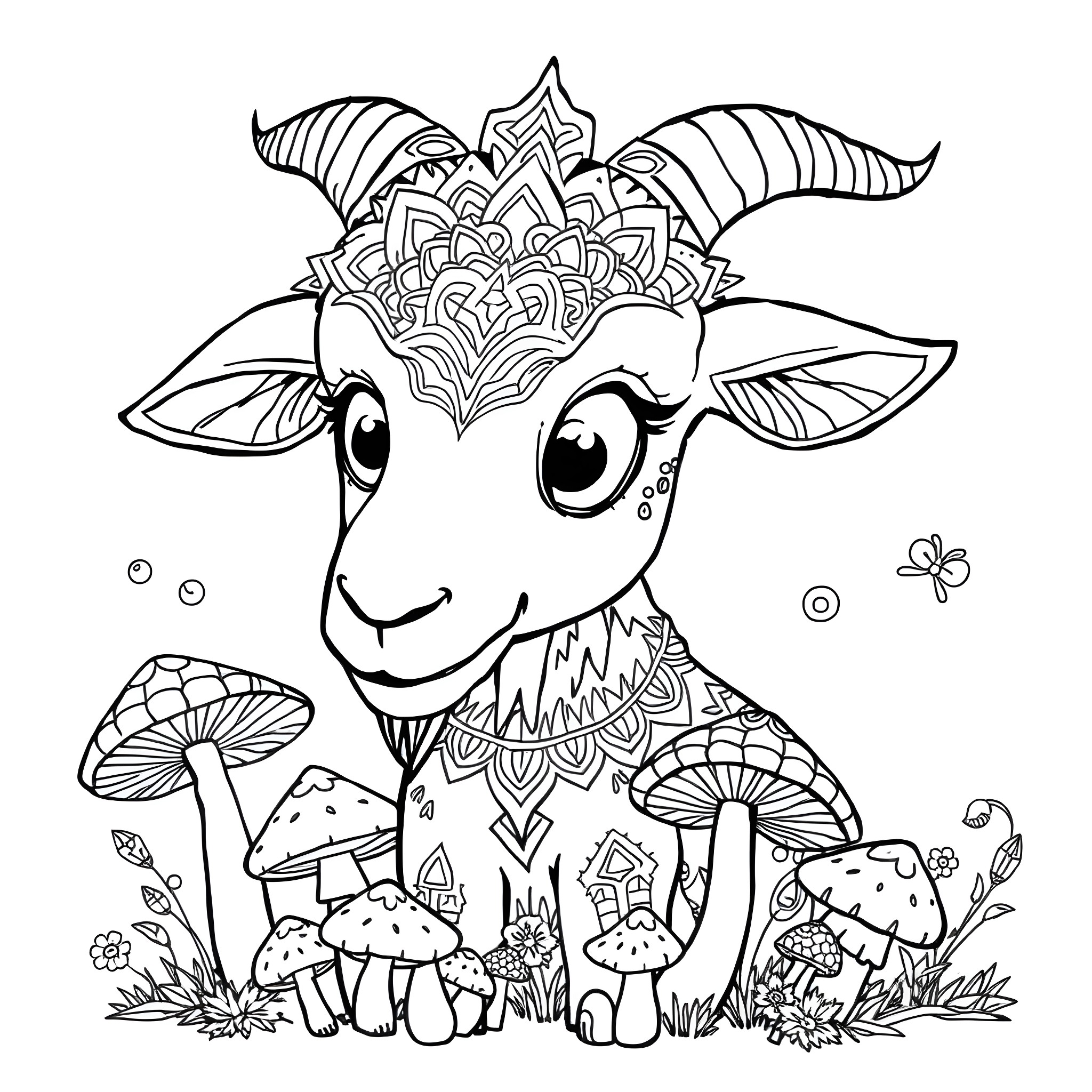 Goat with adorable ornate decorations in nature Coloring Page (free black-and-white line drawing printable PDF for all, from beginners to advanced learners, including children, teens, adults, and seniors)