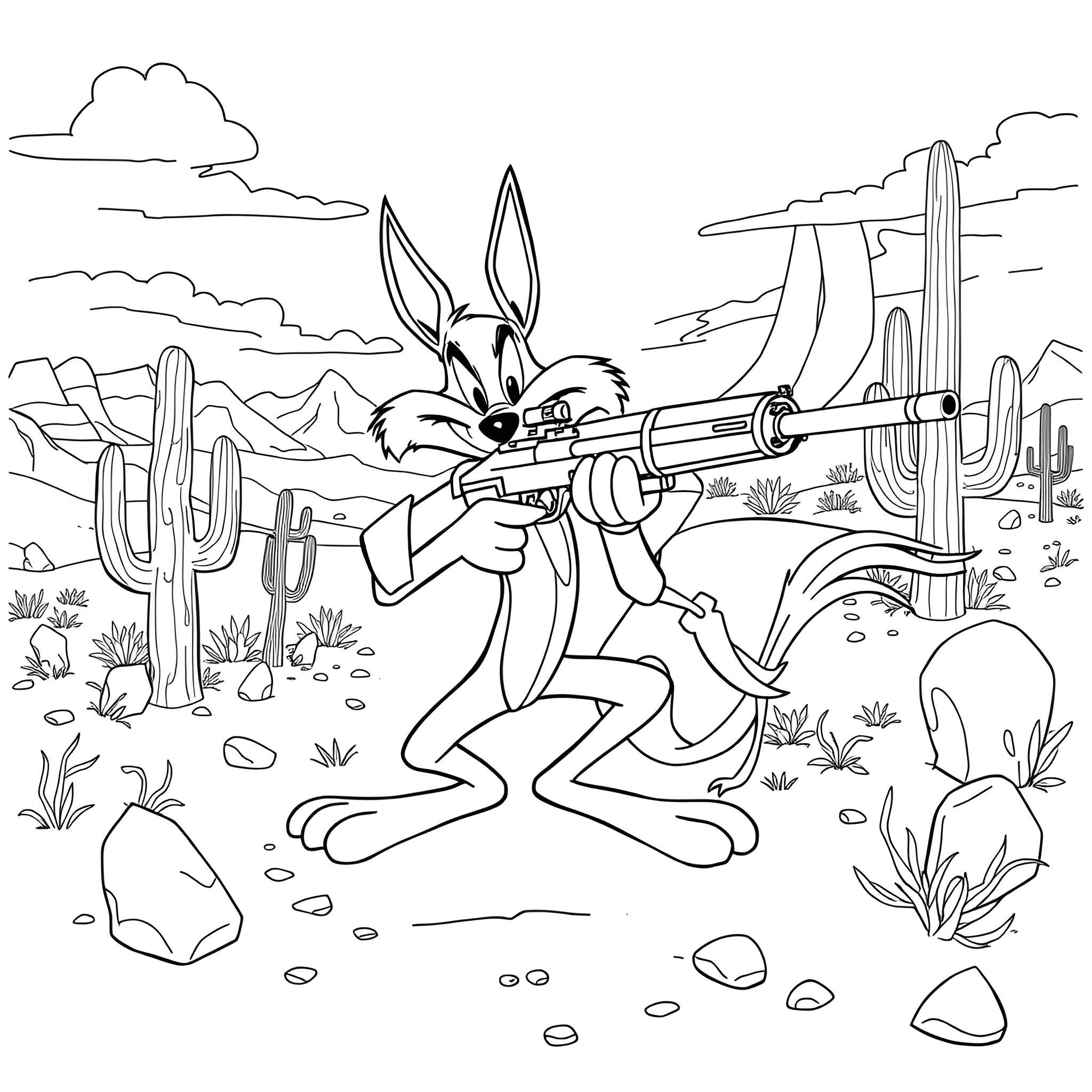 Wile E. Coyote's Wild Desert Adventure Coloring Page (free black-and-white line drawing printable PDF for all, from beginners to advanced learners, including children, teens, adults, and seniors)