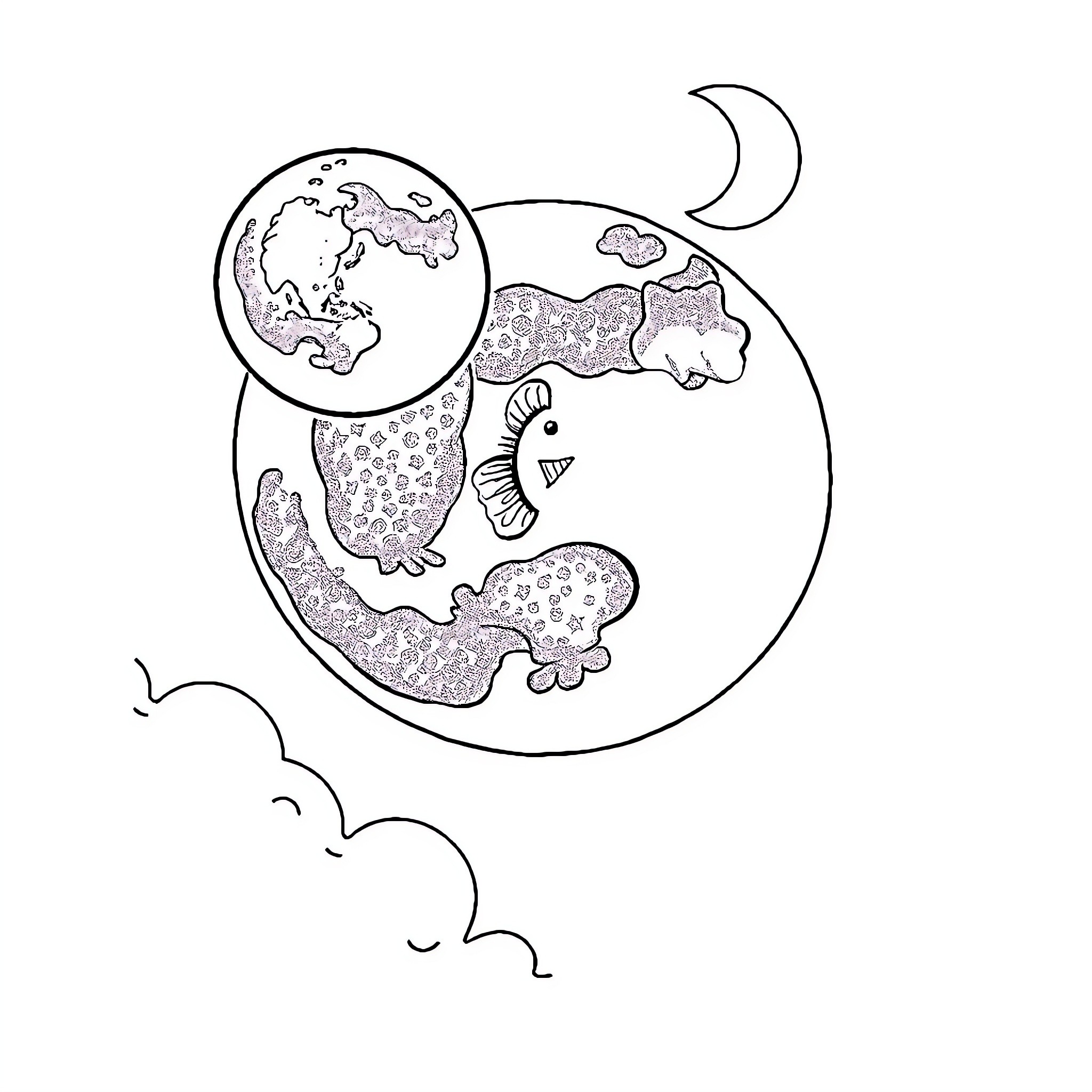 Moon and Playful Sea Creatures Coloring Page (free black-and-white line drawing printable PDF for all, from beginners to advanced learners, including children, teens, adults, and seniors)