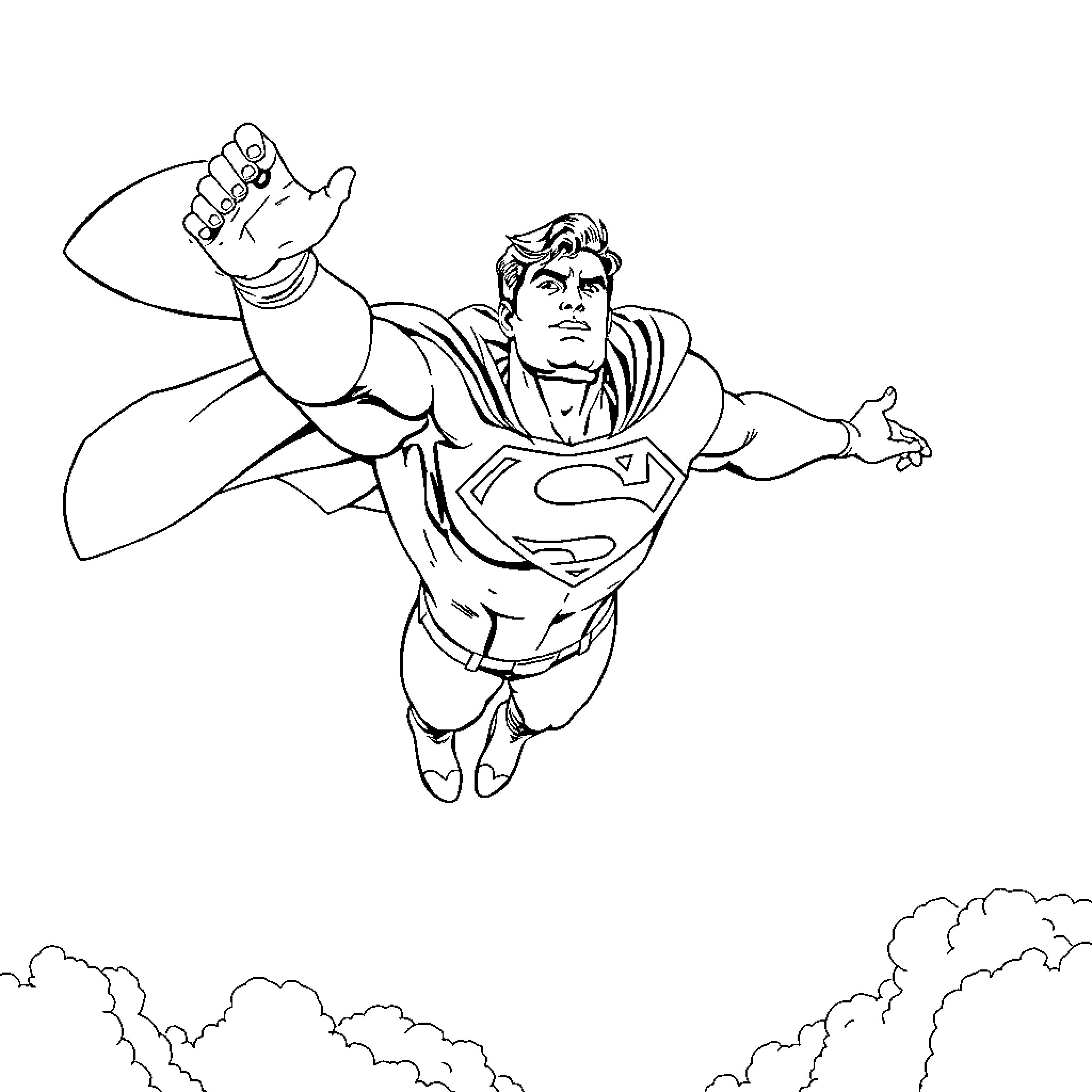 Superman soaring through the sky Coloring Page (free black-and-white line drawing printable PDF for all, from beginners to advanced learners, including children, teens, adults, and seniors)