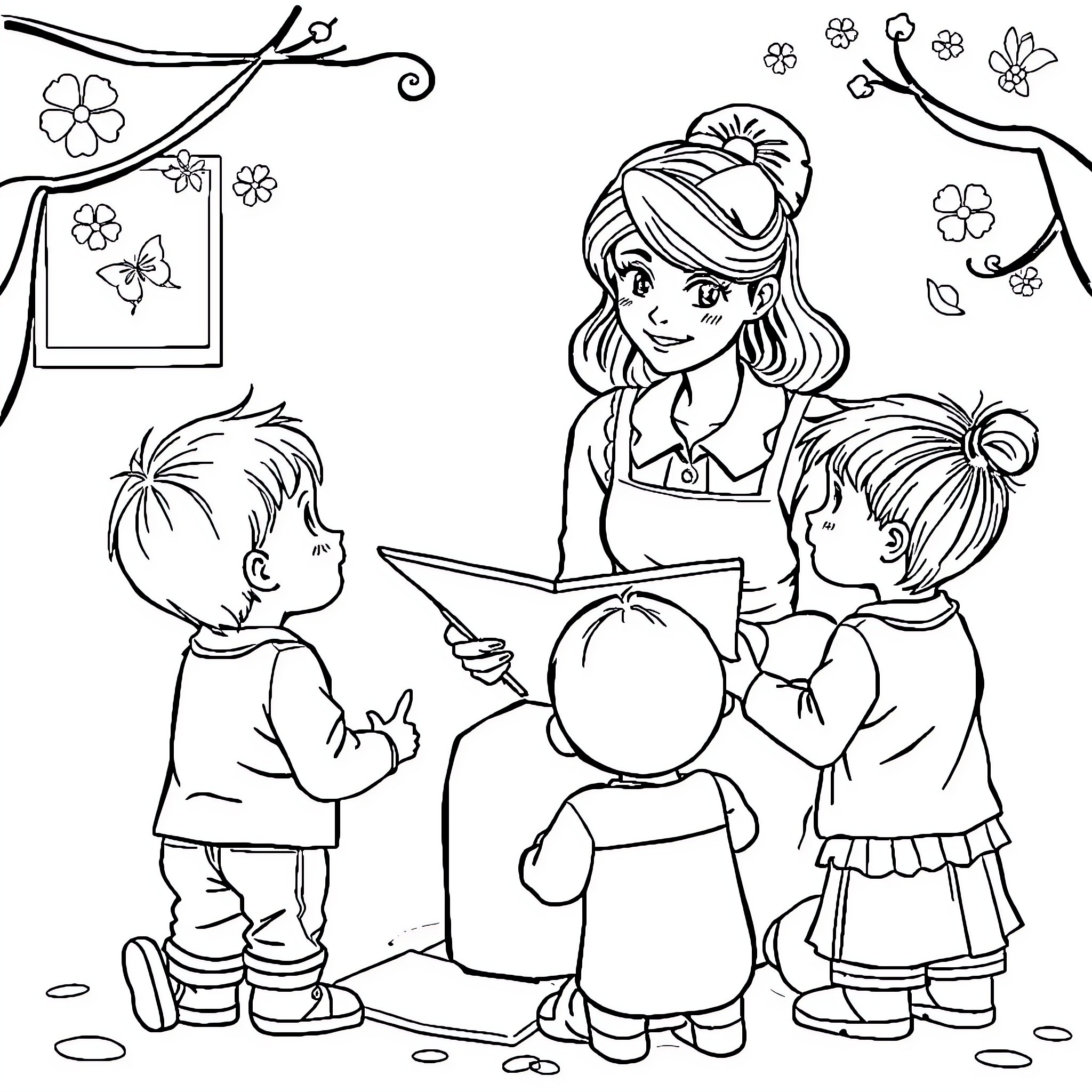Teacher guiding students in drawing class Coloring Page (free black-and-white line drawing printable PDF for all, from beginners to advanced learners, including children, teens, adults, and seniors)