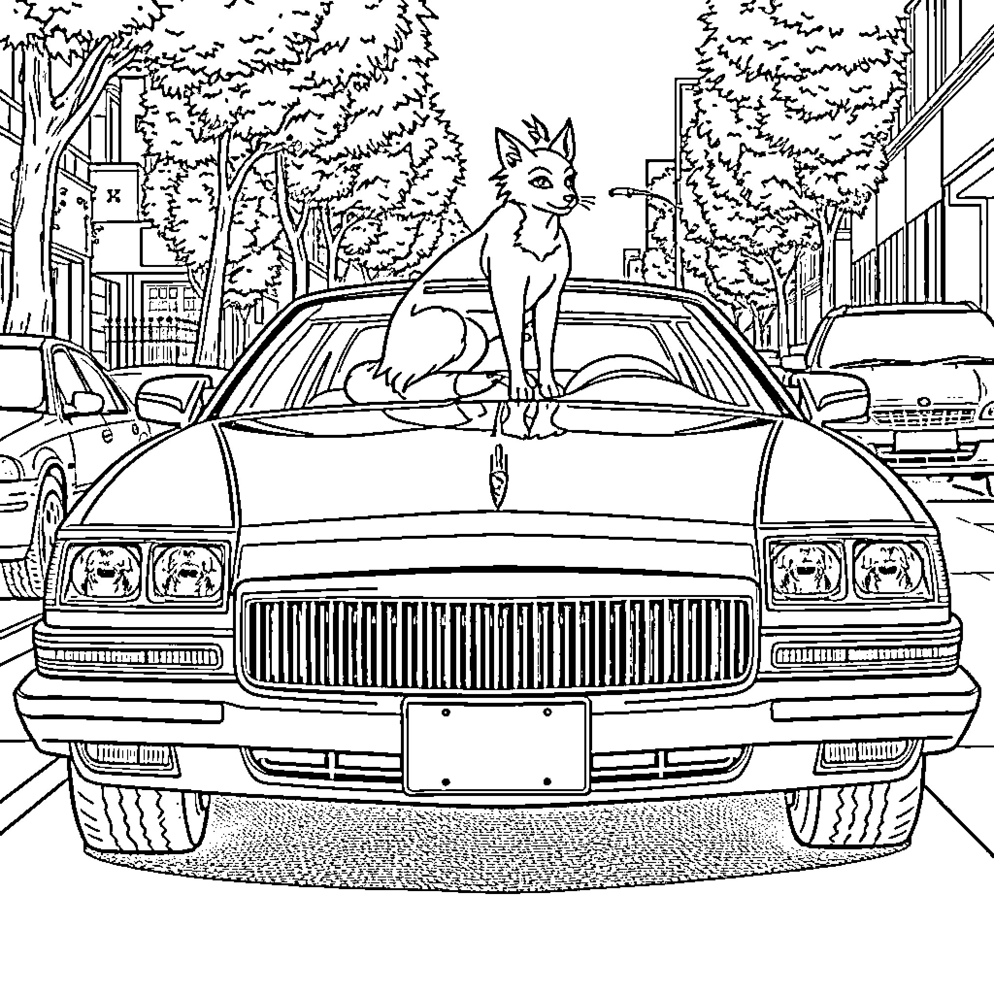 Buick car with a fox sitting on the hood Coloring Page (free black-and-white line drawing printable PDF for all, from beginners to advanced learners, including children, teens, adults, and seniors)