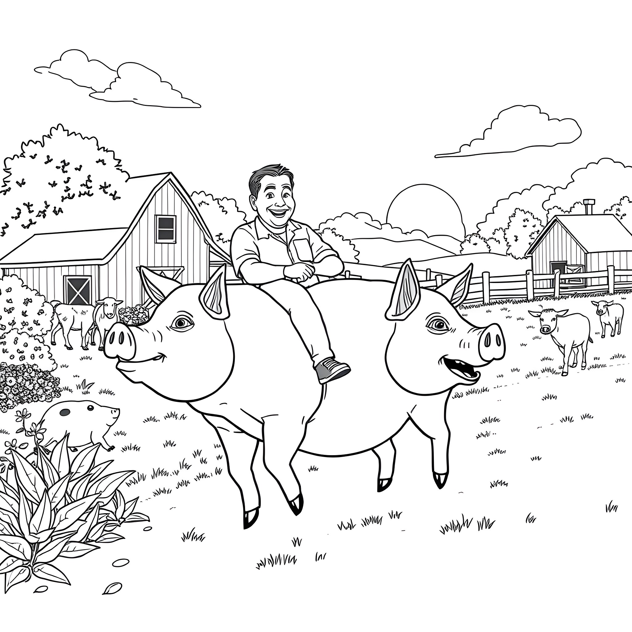 Adam Sandler riding pigs on a farm Coloring Page (free black-and-white line drawing printable PDF for all, from beginners to advanced learners, including children, teens, adults, and seniors)