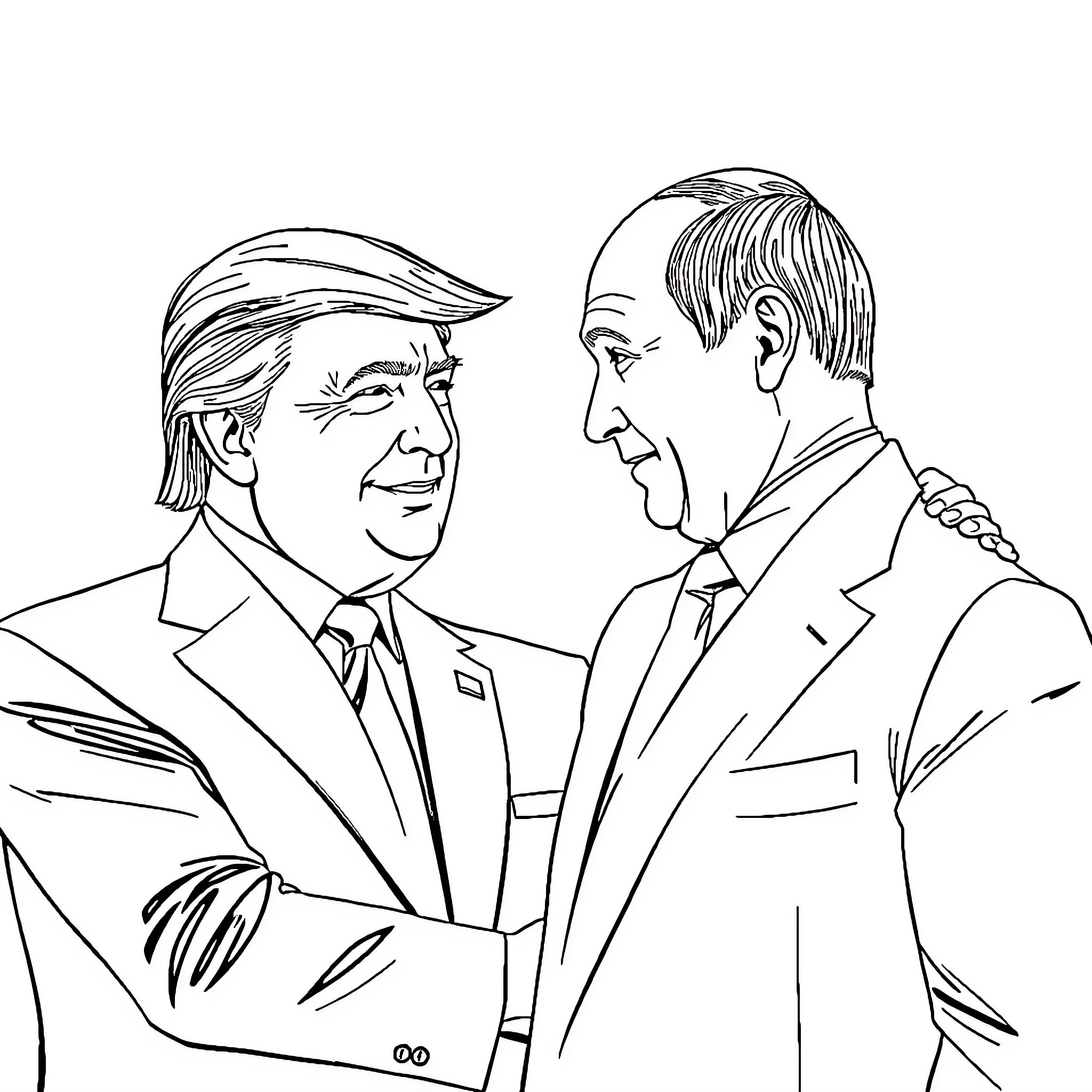 Trump in Formal Discussion with Man in Suit Coloring Page (free black-and-white line drawing printable PDF for all, from beginners to advanced learners, including children, teens, adults, and seniors)