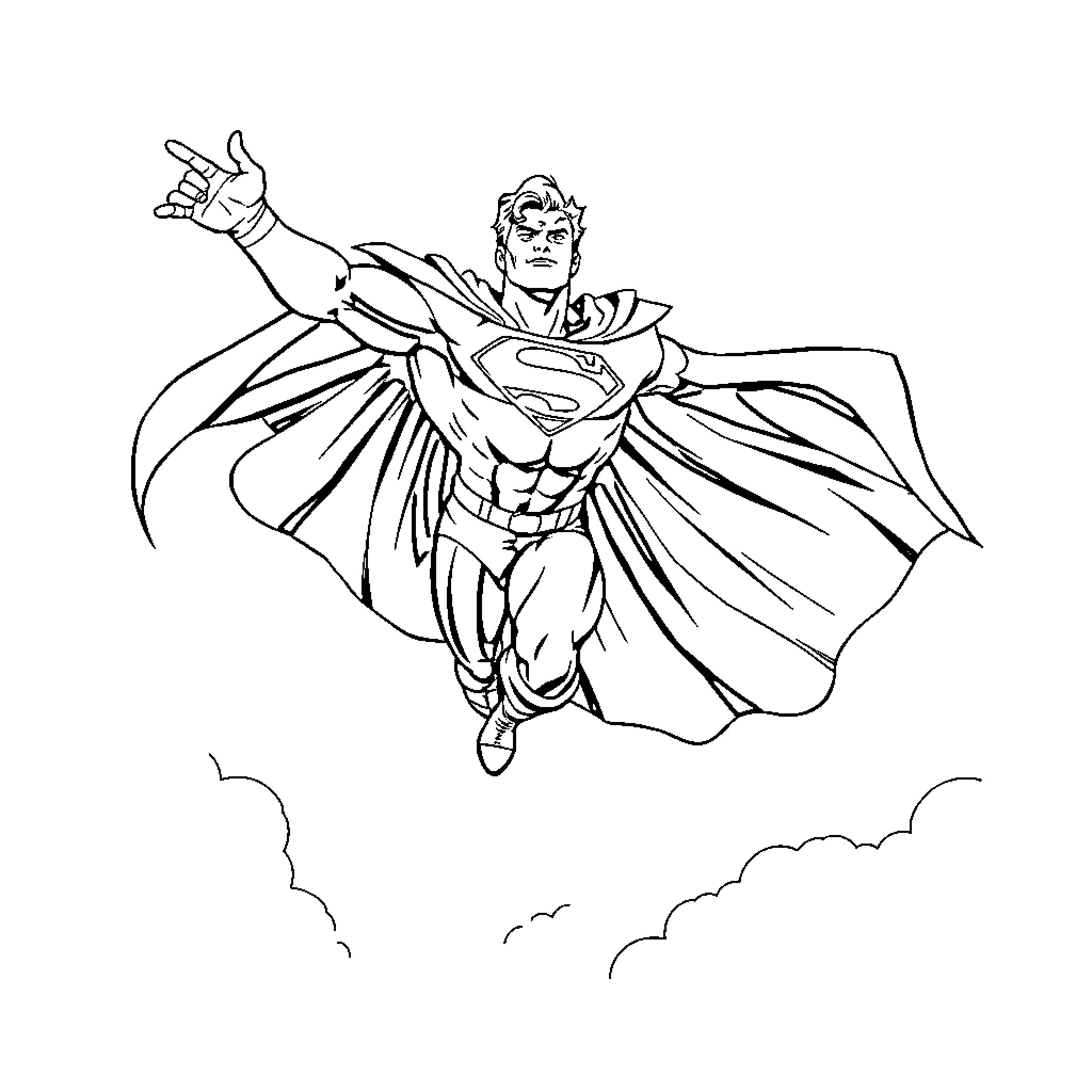 Superman Soaring through the Skies Coloring Page (free black-and-white line drawing printable PDF for all, from beginners to advanced learners, including children, teens, adults, and seniors)