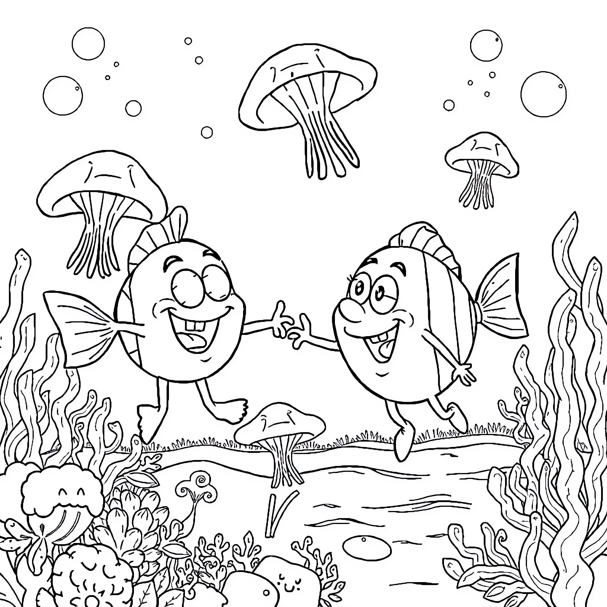 Spongebob and friends explore the underwater ocean scene Coloring Page (free black-and-white line drawing printable PDF for all, from beginners to advanced learners, including children, teens, adults, and seniors)