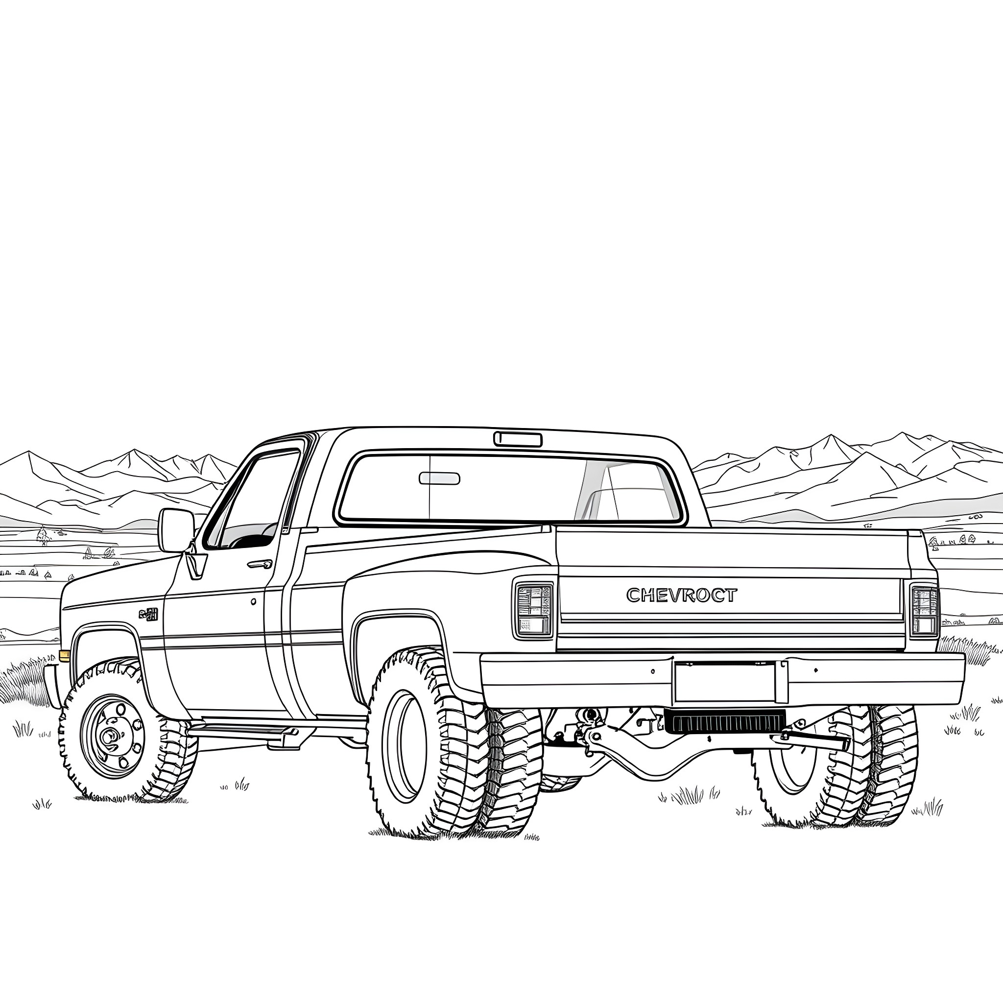 Chevy Truck Traversing Rugged Terrain Coloring Page (free black-and-white line drawing printable PDF for all, from beginners to advanced learners, including children, teens, adults, and seniors)