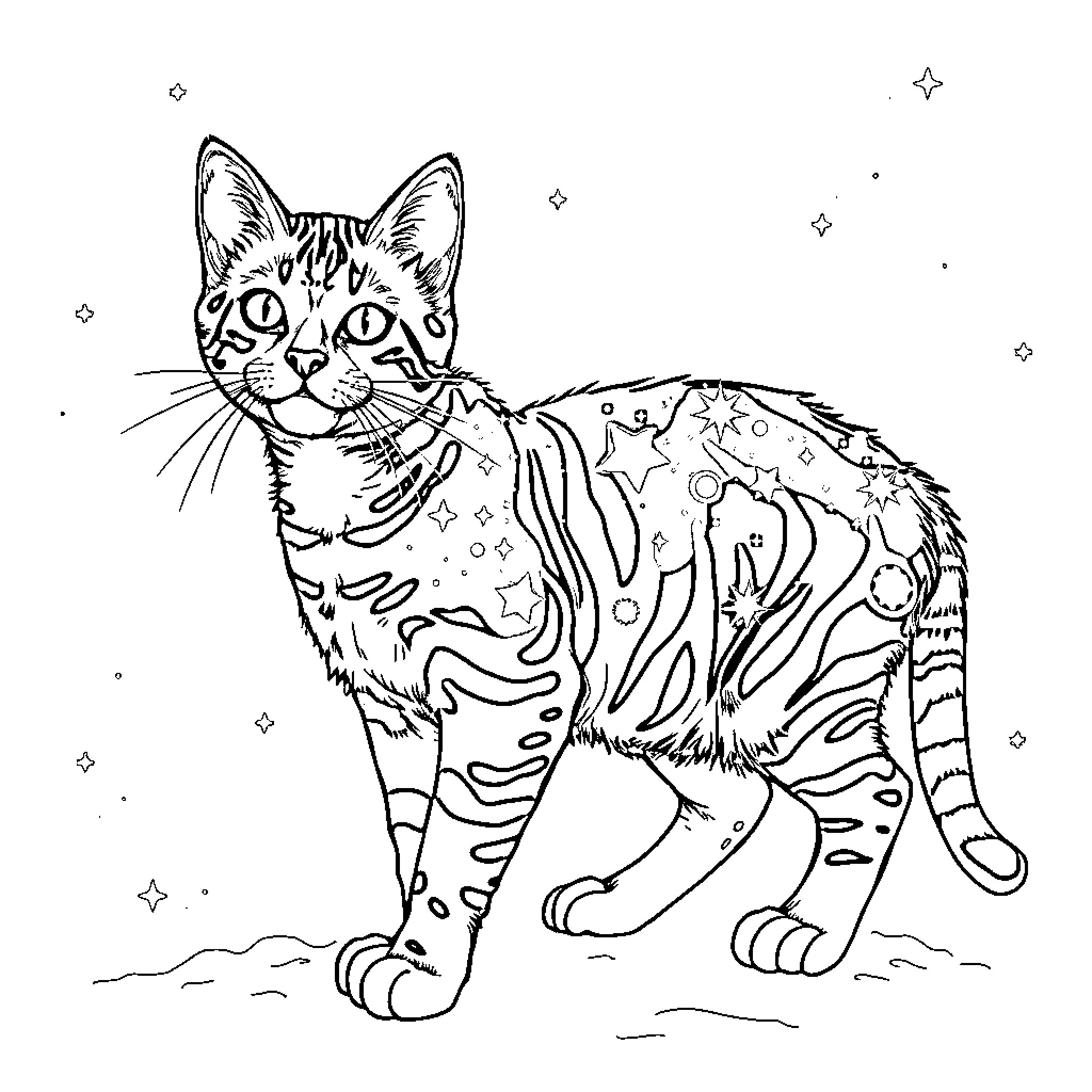 Bengal Cat Intrigued by Sparkling Stars Coloring Page (free black-and-white line drawing printable PDF for all, from beginners to advanced learners, including children, teens, adults, and seniors)