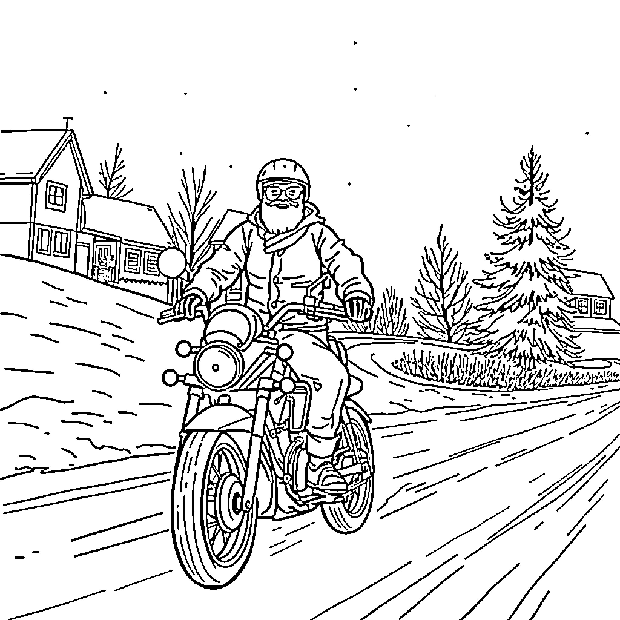 Santa riding a motorcycle through a snowy village Coloring Page (free black-and-white line drawing printable PDF for all, from beginners to advanced learners, including children, teens, adults, and seniors)