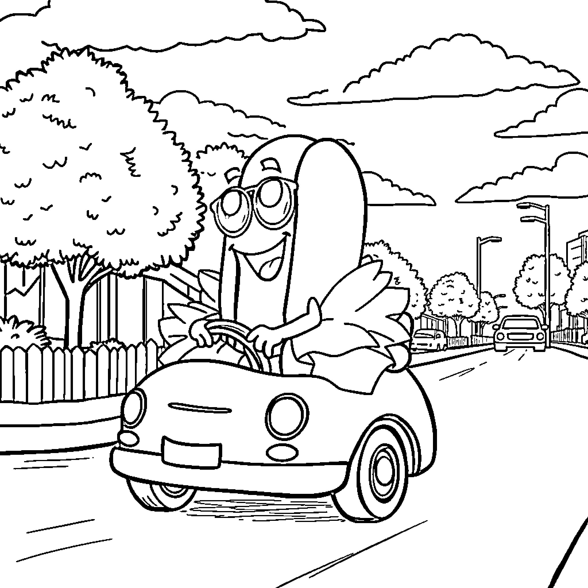 Hotdog character driving a quirky car on the road Coloring Page (free black-and-white line drawing printable PDF for all, from beginners to advanced learners, including children, teens, adults, and seniors)