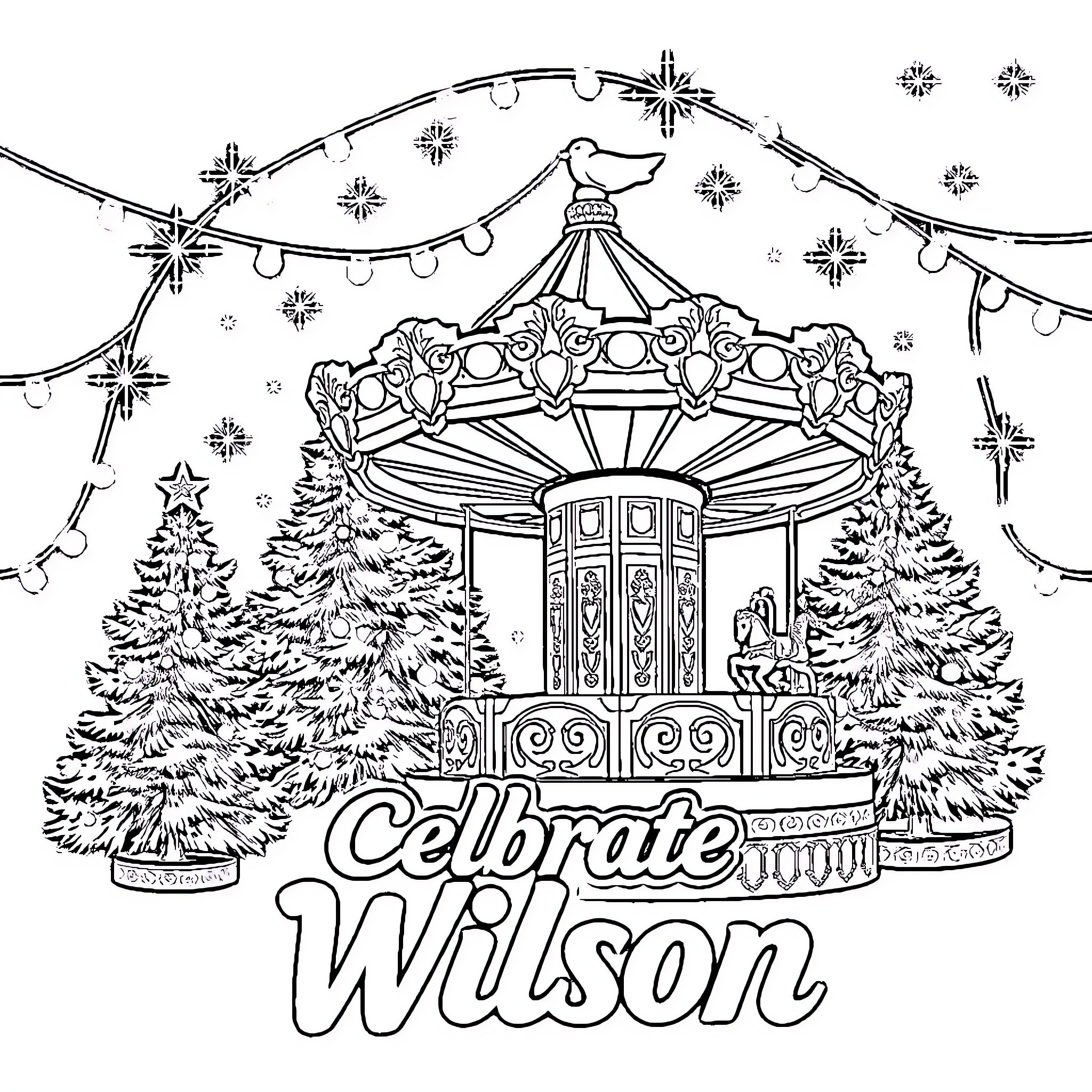 Christmas Tree Carousel with Festive Decorations Coloring Page (free black-and-white line drawing printable PDF for all, from beginners to advanced learners, including children, teens, adults, and seniors)