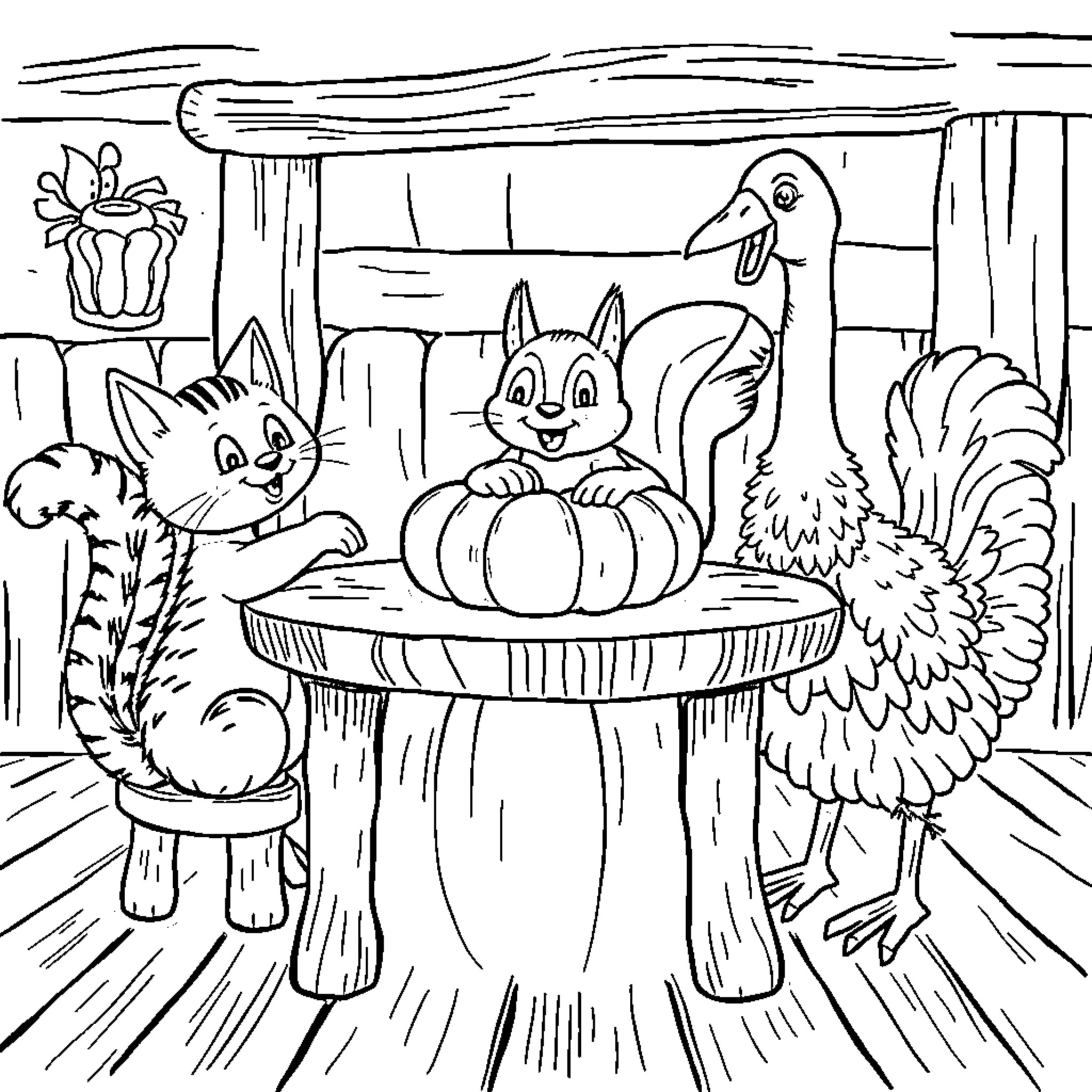 Cat and Friends Explore the Outdoors Coloring Page (free black-and-white line drawing printable PDF for all, from beginners to advanced learners, including children, teens, adults, and seniors)