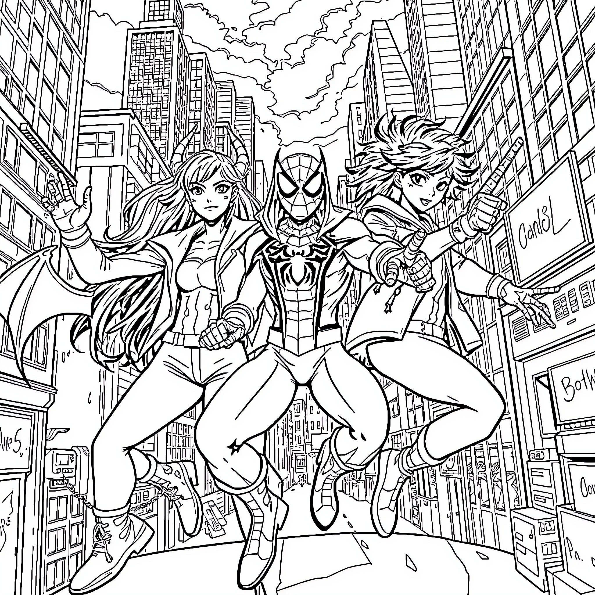 Kpop Demon Hunter Trio Fighting Crime in the City Coloring Page (free black-and-white line drawing printable PDF for all, from beginners to advanced learners, including children, teens, adults, and seniors)