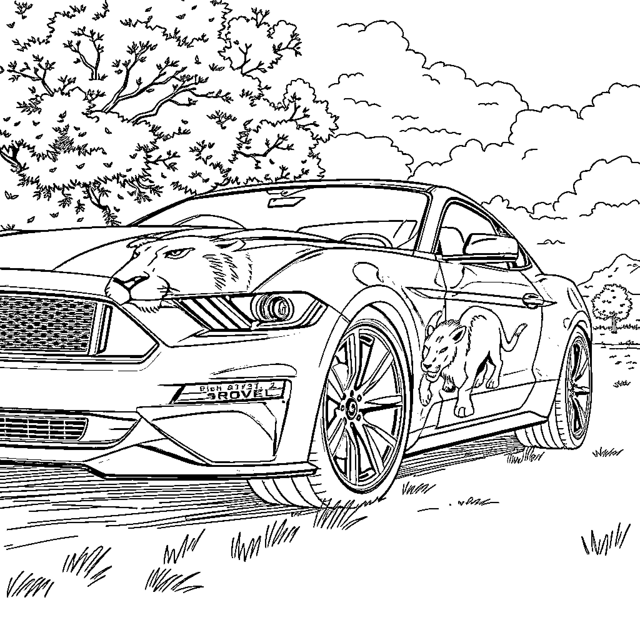 Mustang sports car chasing wildlife through nature Coloring Page (free black-and-white line drawing printable PDF for all, from beginners to advanced learners, including children, teens, adults, and seniors)