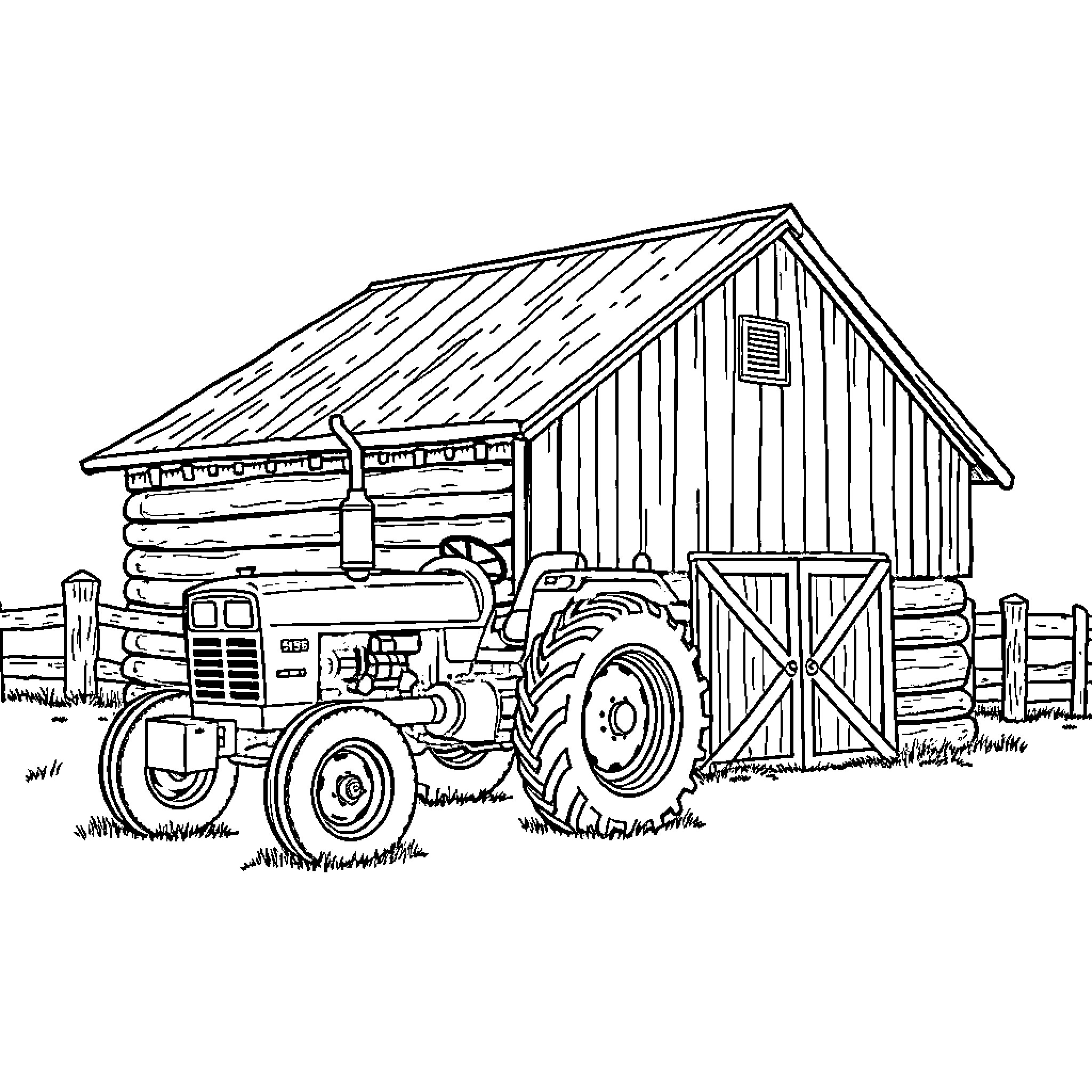 Tractor parked next to a wooden barn Coloring Page (free black-and-white line drawing printable PDF for all, from beginners to advanced learners, including children, teens, adults, and seniors)