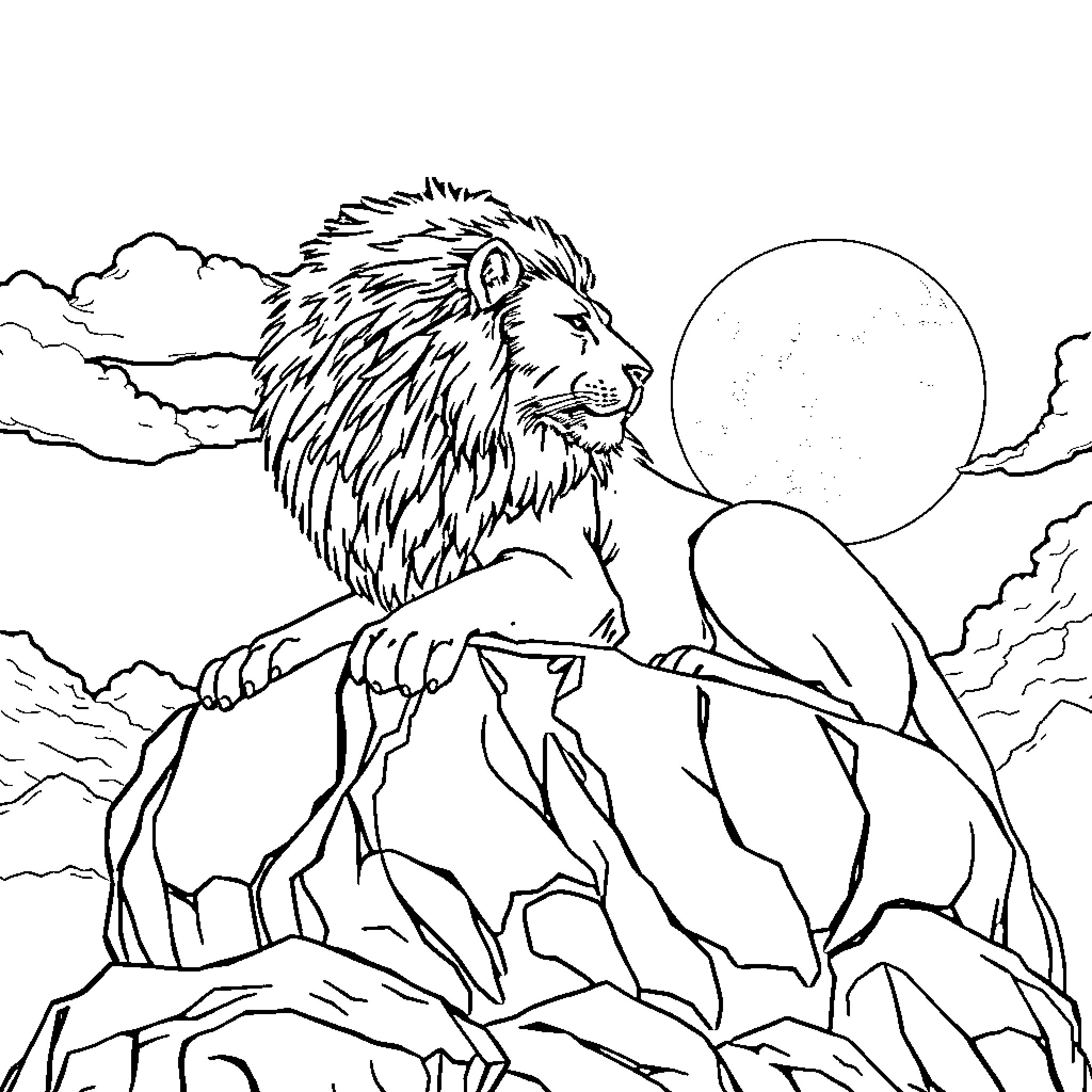 Lobo the Majestic Lion on the Rocky Cliff Coloring Page (free black-and-white line drawing printable PDF for all, from beginners to advanced learners, including children, teens, adults, and seniors)