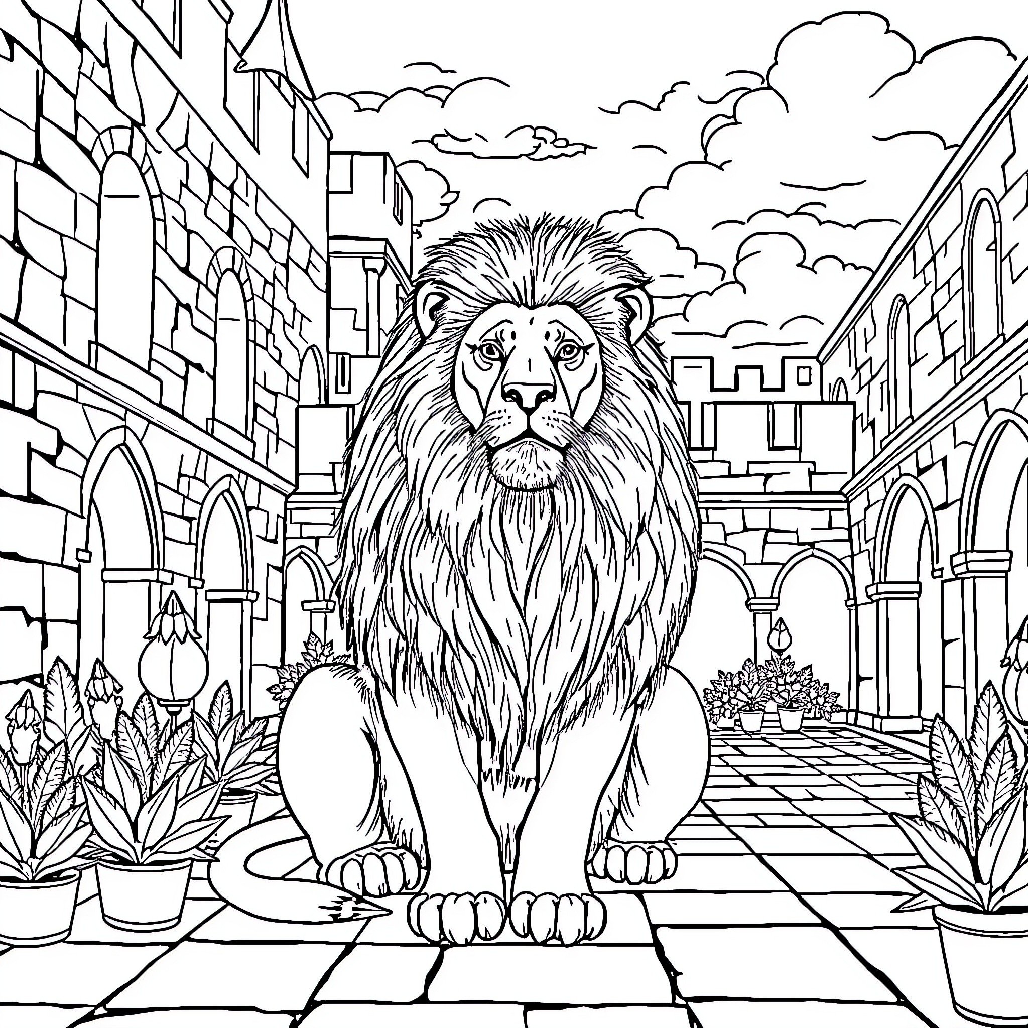 Lion in a majestic city scene Coloring Page (free black-and-white line drawing printable PDF for all, from beginners to advanced learners, including children, teens, adults, and seniors)