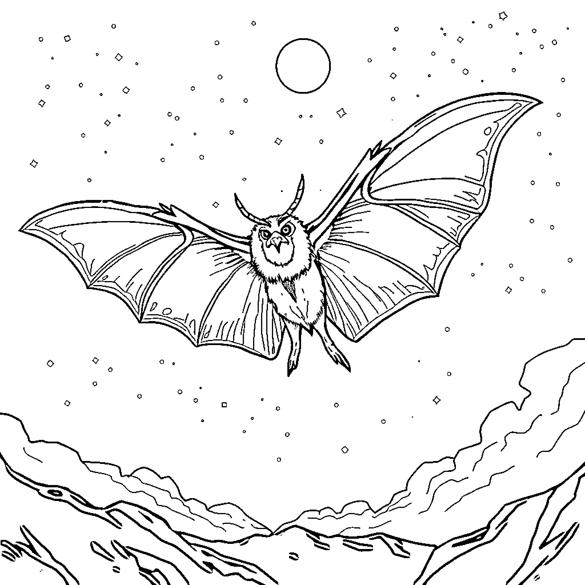 Mothman soaring through the night sky Coloring Page (free black-and-white line drawing printable PDF for all, from beginners to advanced learners, including children, teens, adults, and seniors)