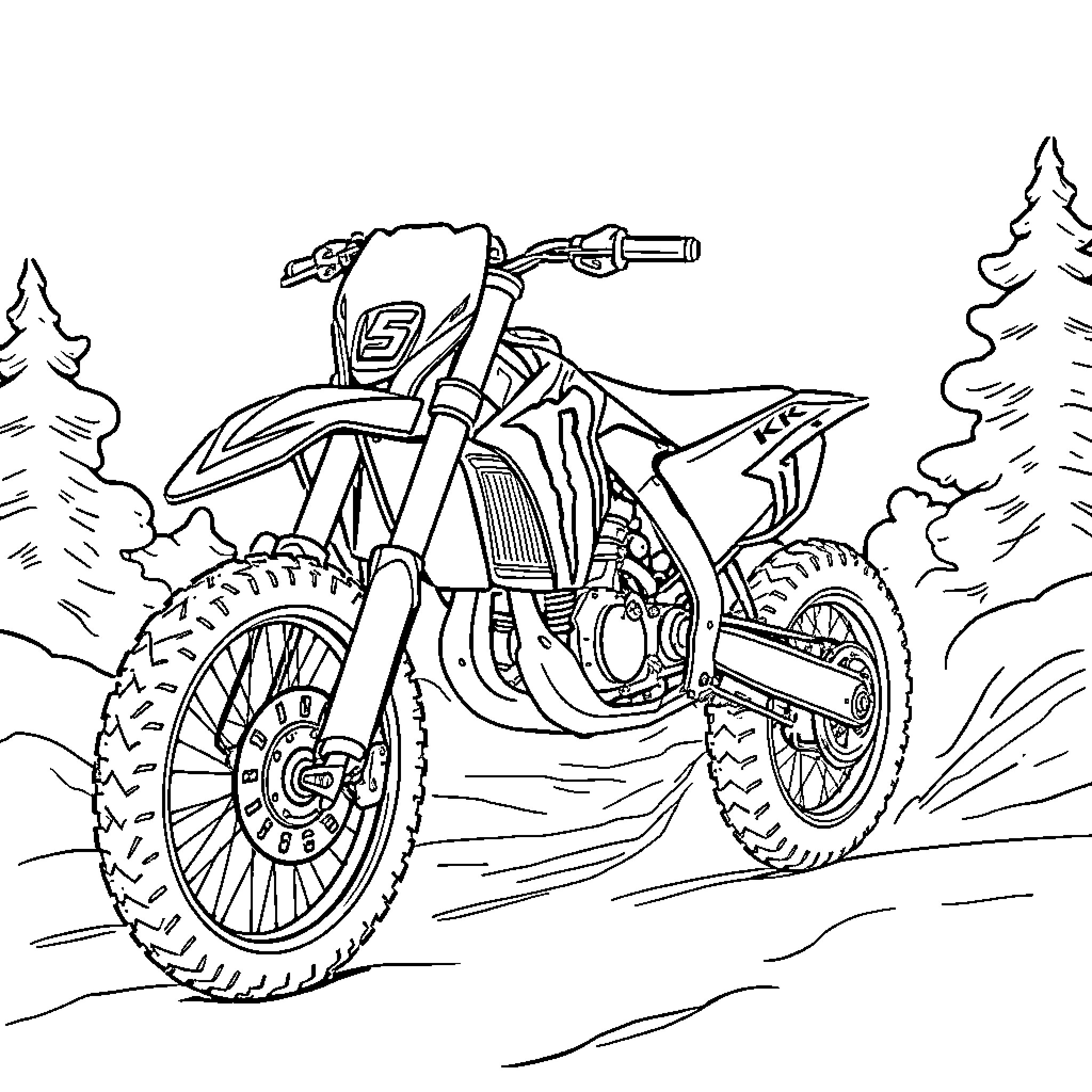 450 KXF motocross bike in action on the trail Coloring Page (free black-and-white line drawing printable PDF for all, from beginners to advanced learners, including children, teens, adults, and seniors)