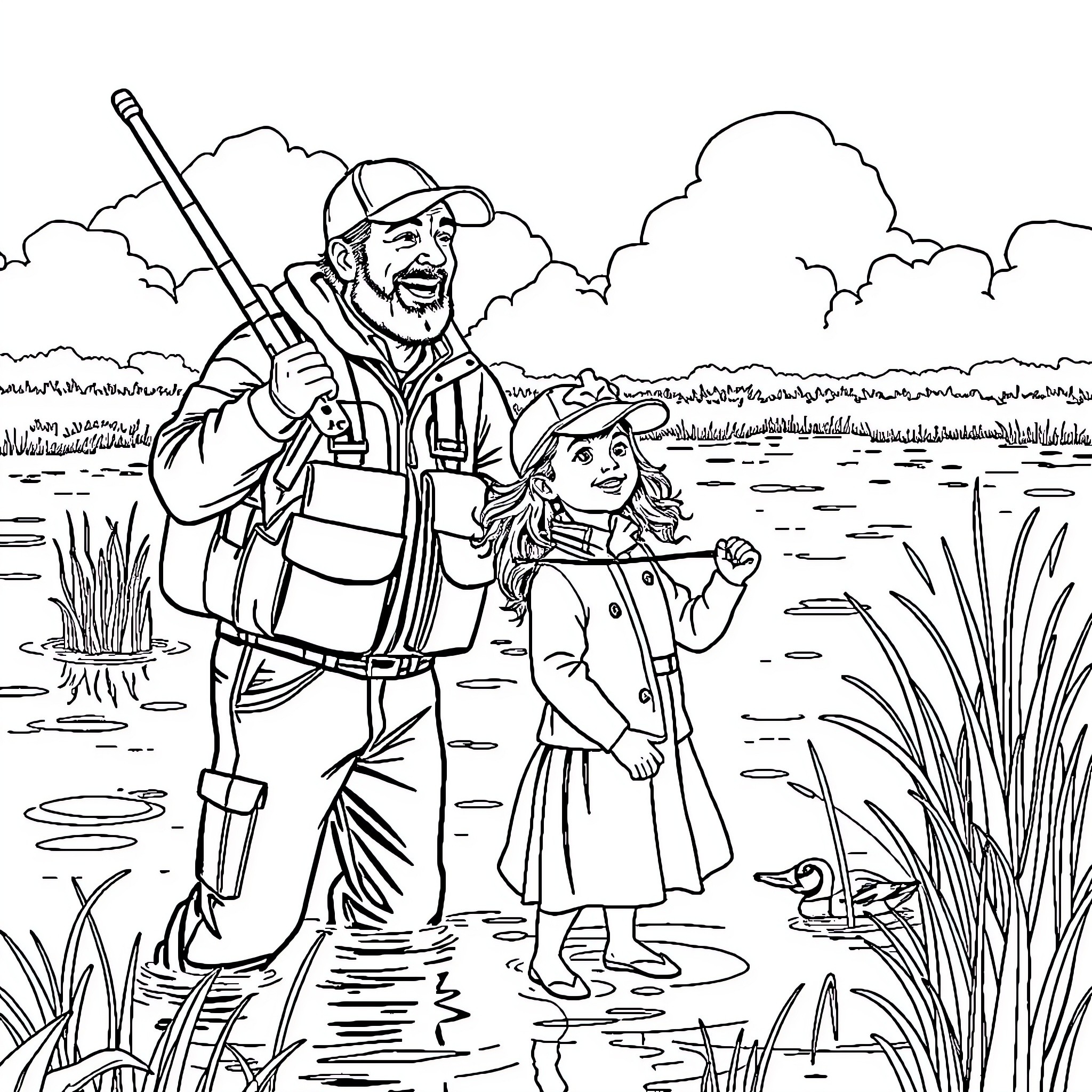 Duck hunting adventure with child companion Coloring Page (free black-and-white line drawing printable PDF for all, from beginners to advanced learners, including children, teens, adults, and seniors)