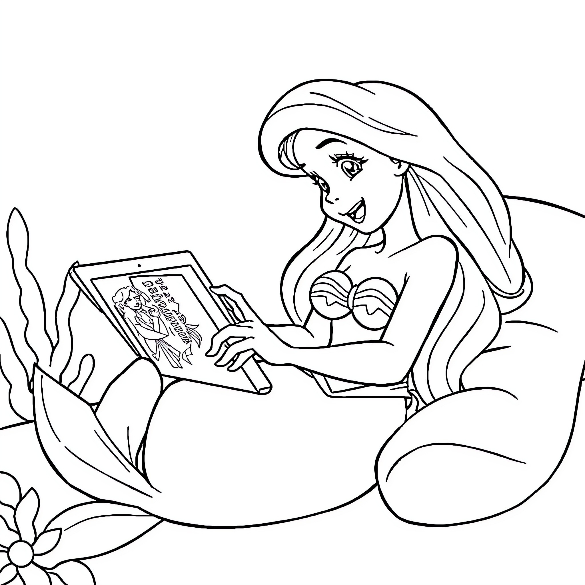 Ariel reading a book underwater Coloring Page (free black-and-white line drawing printable PDF for all, from beginners to advanced learners, including children, teens, adults, and seniors)