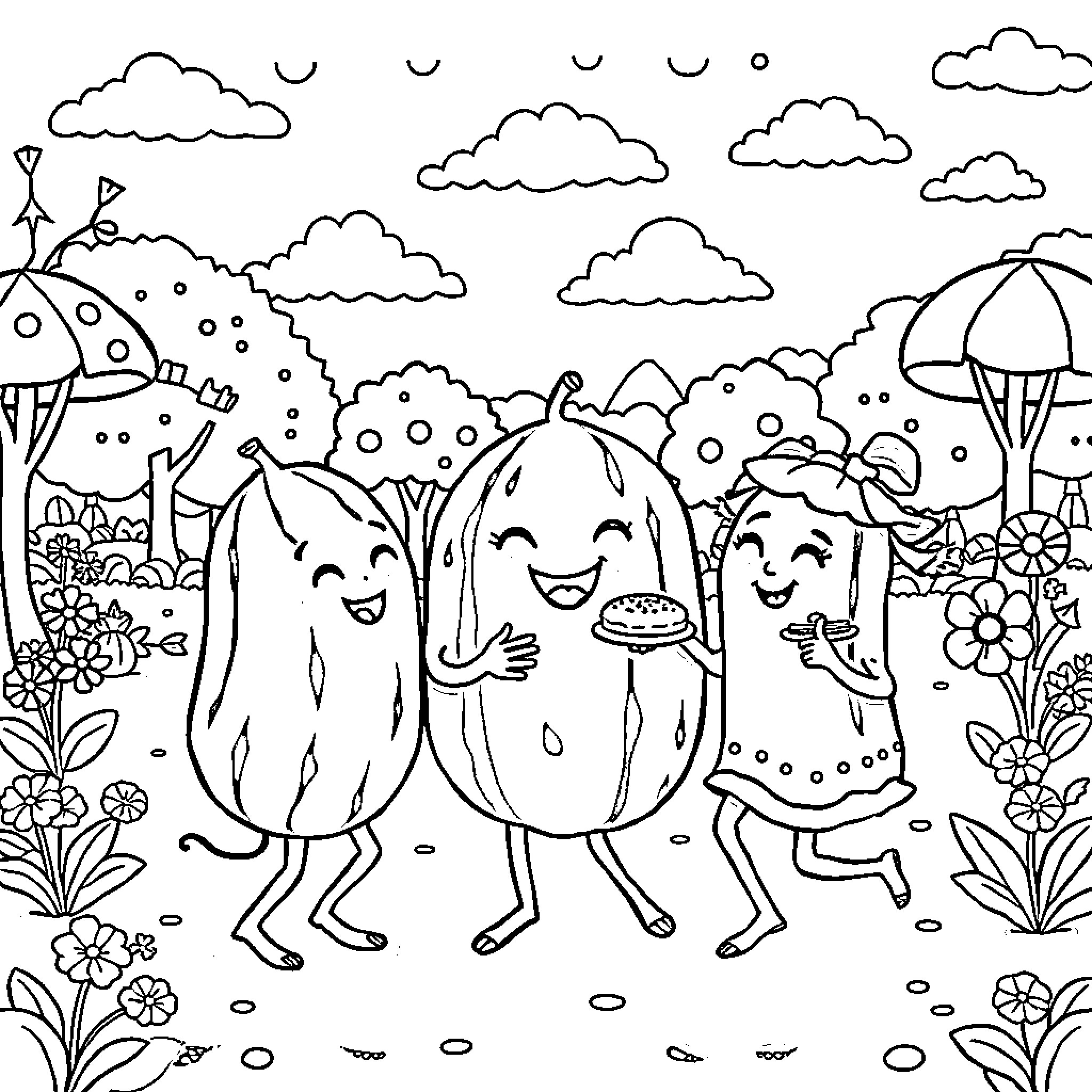 Cocomelon Characters Celebrating in Whimsical Outdoor Scene Coloring Page (free black-and-white line drawing printable PDF for all, from beginners to advanced learners, including children, teens, adults, and seniors)