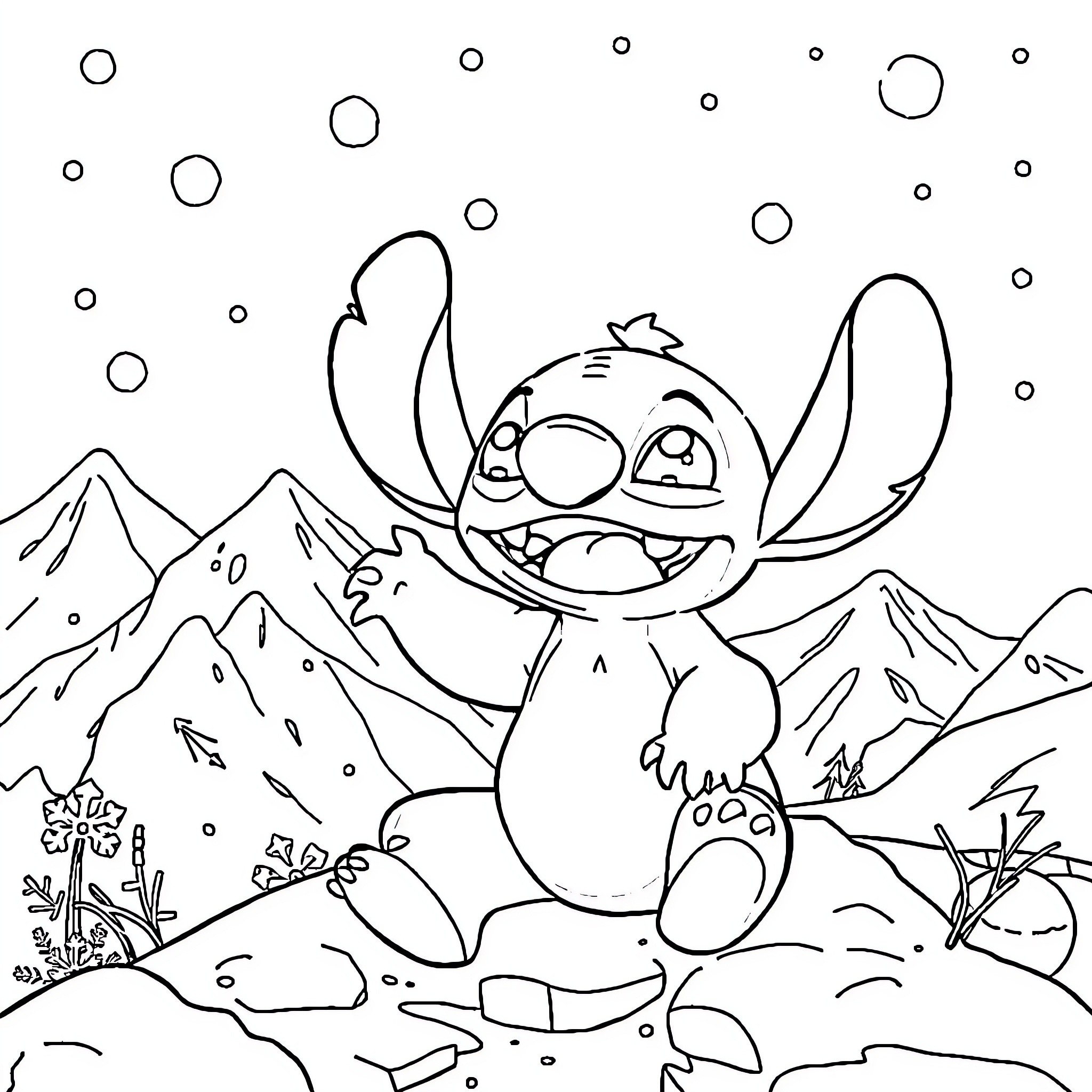 Stitch enjoying a snowy landscape Coloring Page (free black-and-white line drawing printable PDF for all, from beginners to advanced learners, including children, teens, adults, and seniors)