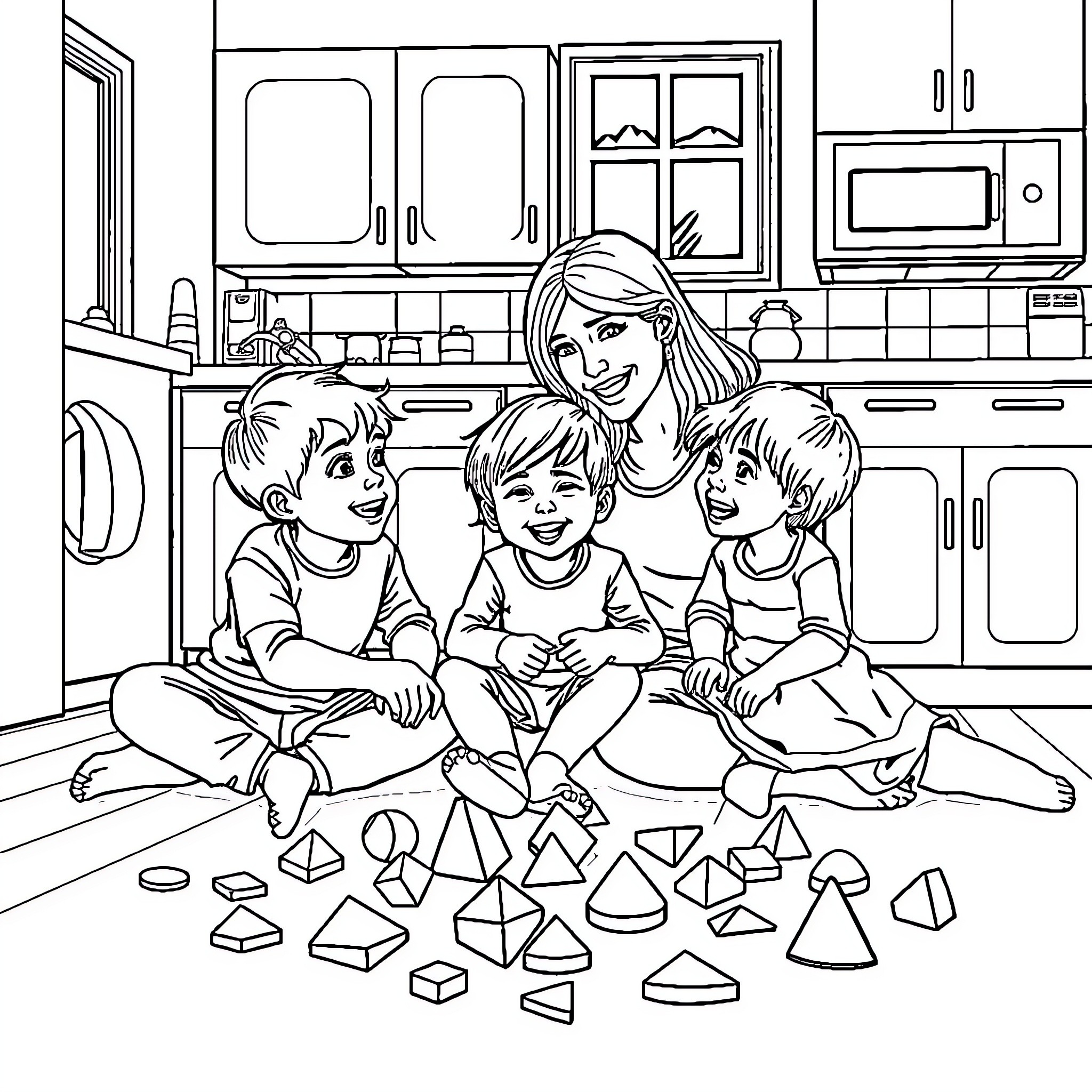 Kid playing with geometric shapes in the kitchen Coloring Page (free black-and-white line drawing printable PDF for all, from beginners to advanced learners, including children, teens, adults, and seniors)