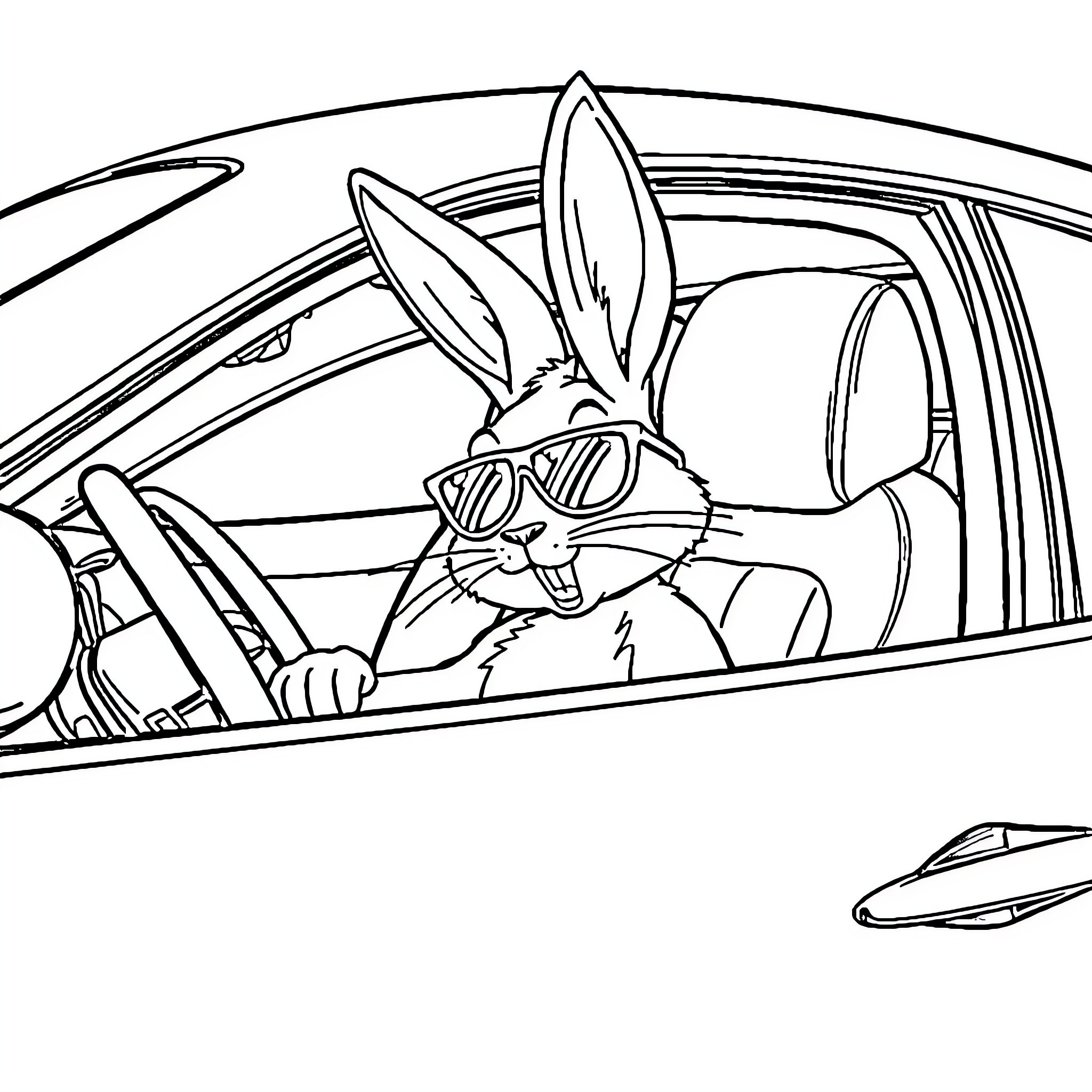 Bad Bunny driving a car with cool sunglasses Coloring Page (free black-and-white line drawing printable PDF for all, from beginners to advanced learners, including children, teens, adults, and seniors)
