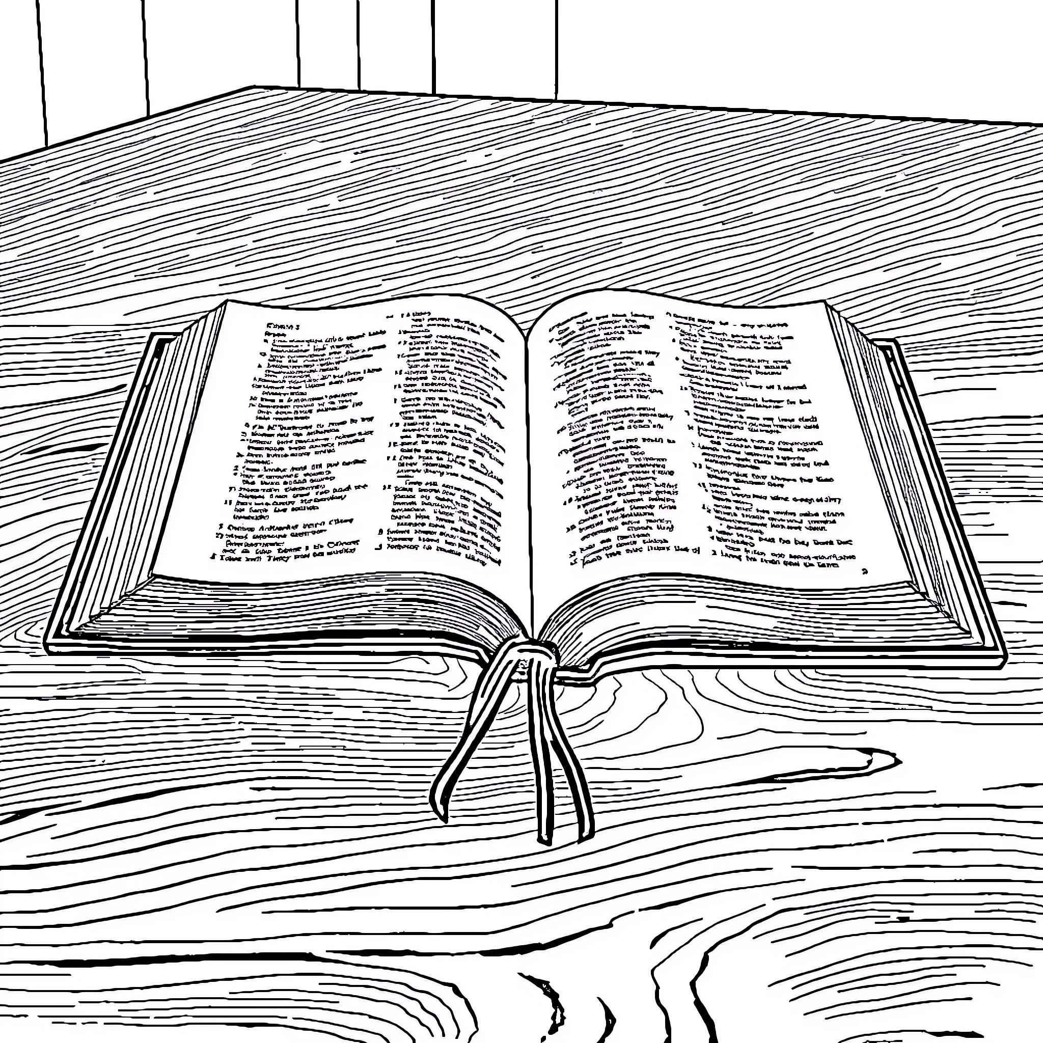 Bible open on wooden table with detailed text Coloring Page (free black-and-white line drawing printable PDF for all, from beginners to advanced learners, including children, teens, adults, and seniors)