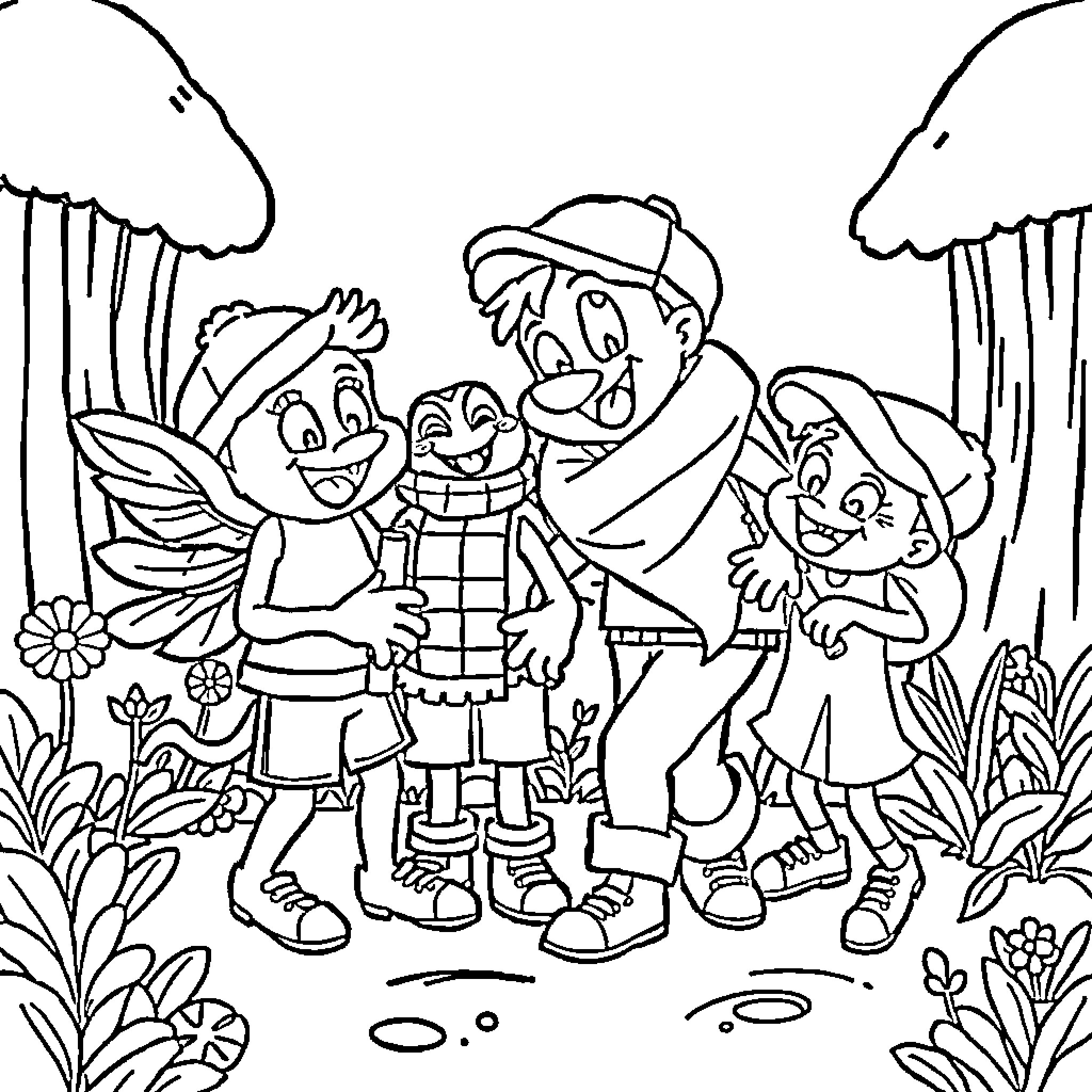 Bluey and friends explore the outdoors Coloring Page (free black-and-white line drawing printable PDF for all, from beginners to advanced learners, including children, teens, adults, and seniors)