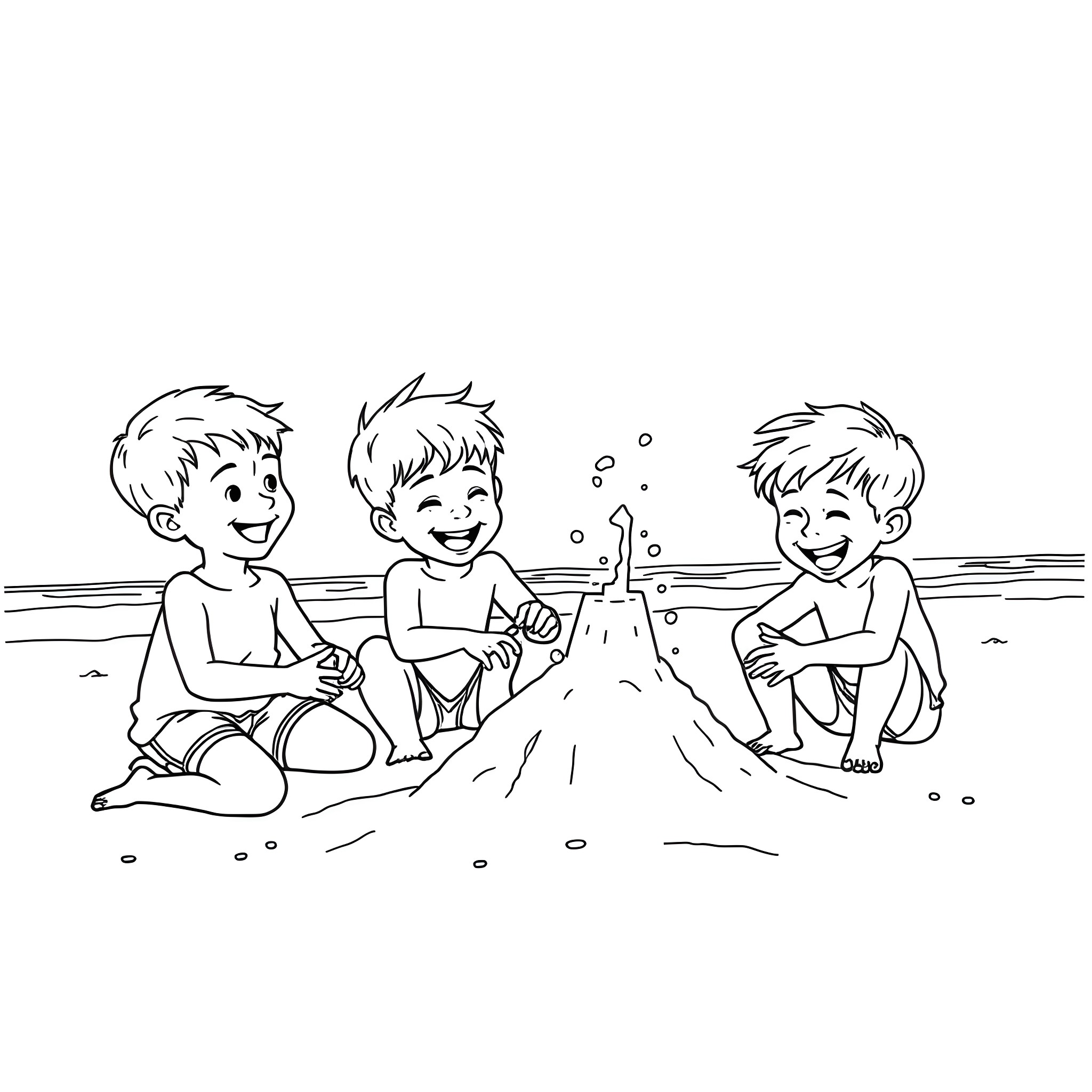 Boys building a sandcastle on the beach Coloring Page (free black-and-white line drawing printable PDF for all, from beginners to advanced learners, including children, teens, adults, and seniors)