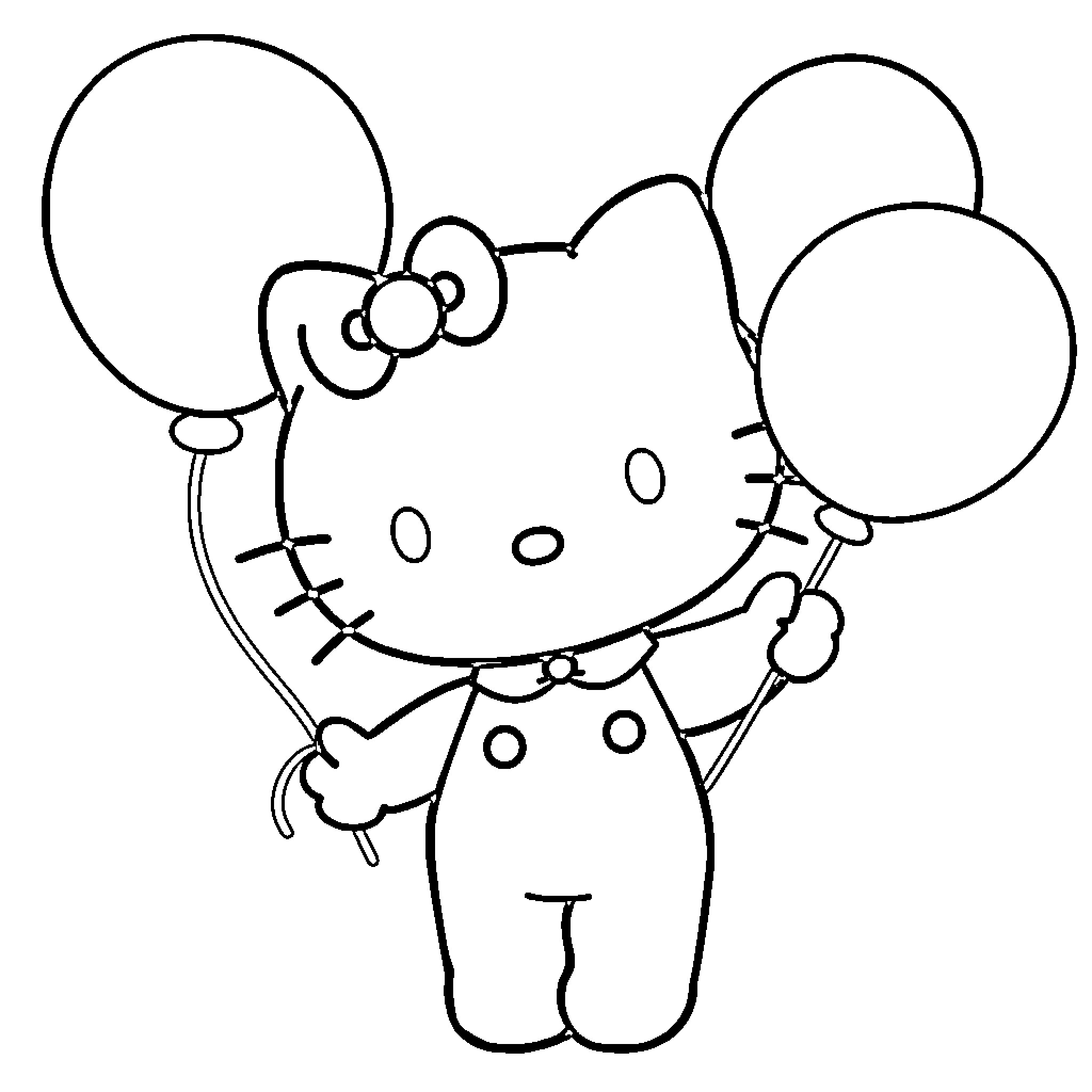 Hello Kitty holding balloons and smiling Coloring Page (free black-and-white line drawing printable PDF for all, from beginners to advanced learners, including children, teens, adults, and seniors)