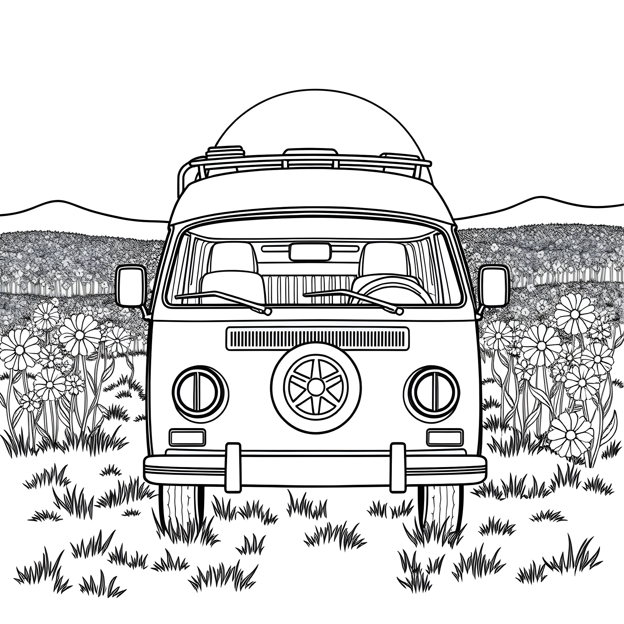 Hippie Van on a Flower-Filled Field Coloring Page (free black-and-white line drawing printable PDF for all, from beginners to advanced learners, including children, teens, adults, and seniors)